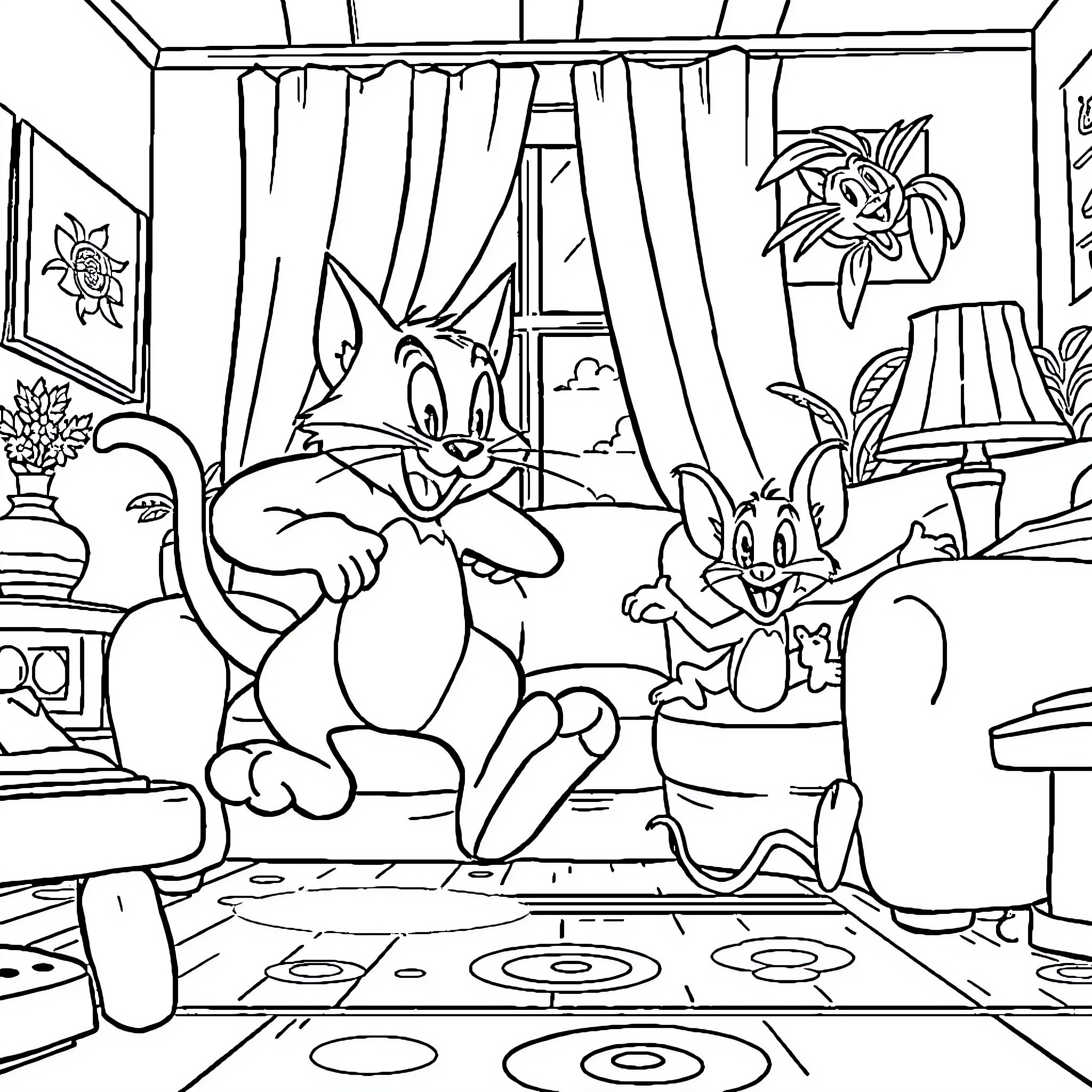 Tom and Jerry playing mischievously in a cozy room Coloring Page (free black-and-white line drawing printable PDF for all, from beginners to advanced learners, including children, teens, adults, and seniors)