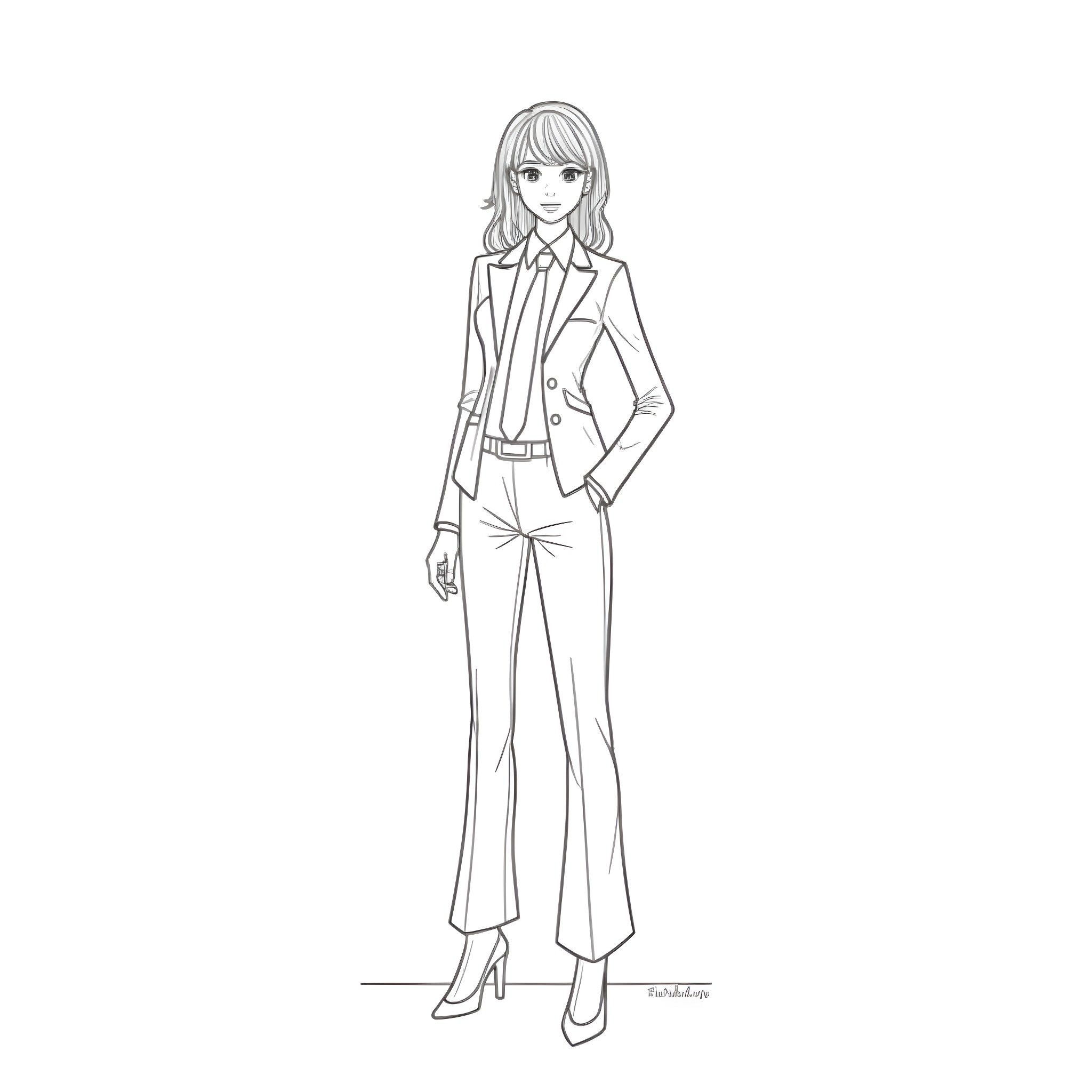 Girl in smart professional outfit Coloring Page (free black-and-white line drawing printable PDF for all, from beginners to advanced learners, including children, teens, adults, and seniors)