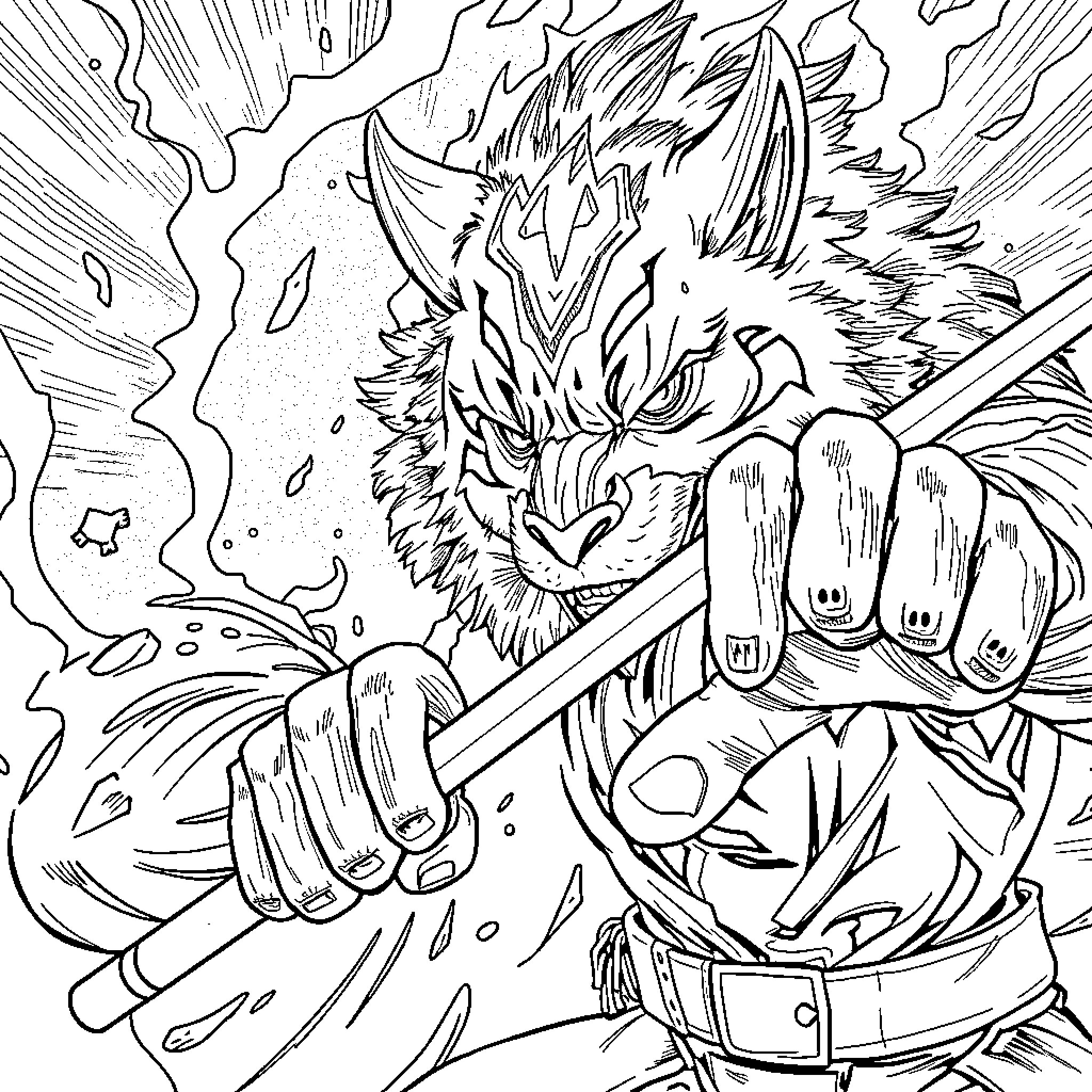 Daniel's Fierce Battle with Fiery Monster Coloring Page (free black-and-white line drawing printable PDF for all, from beginners to advanced learners, including children, teens, adults, and seniors)