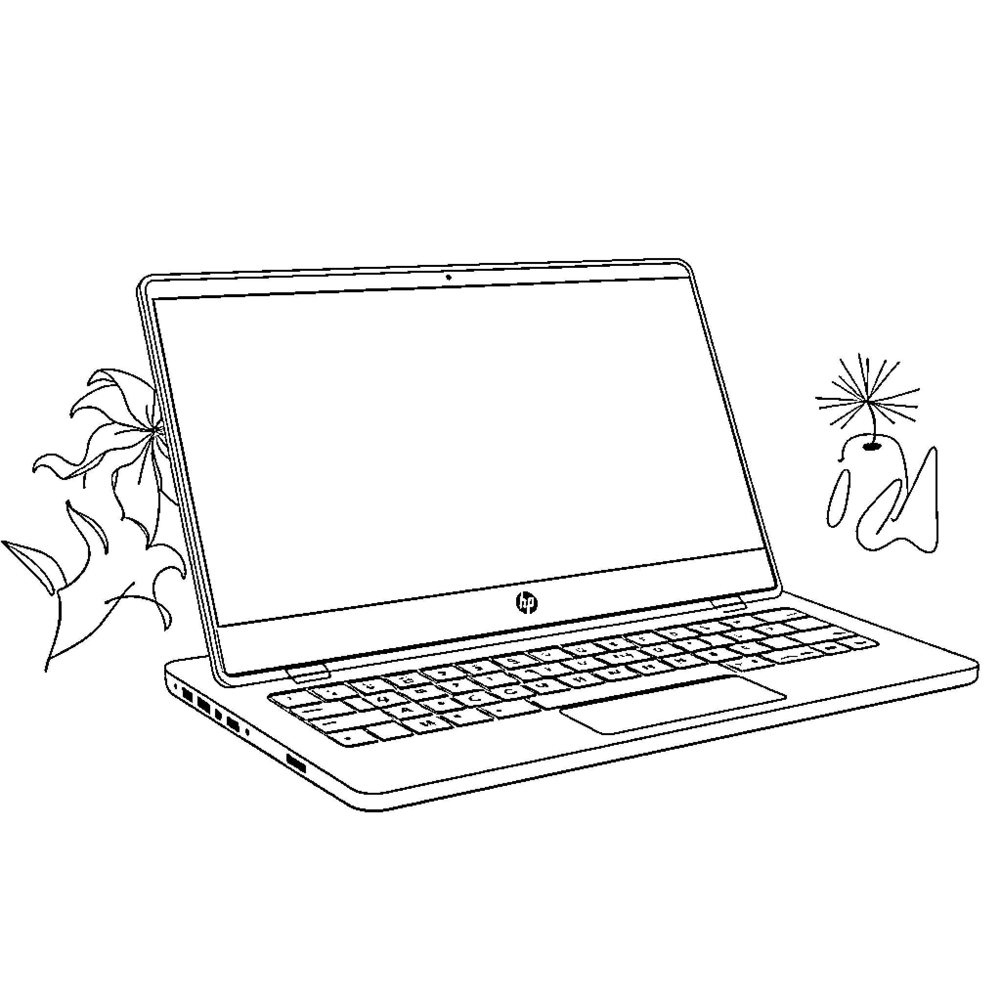 Chromebook with doodle art on the screen Coloring Page (free black-and-white line drawing printable PDF for all, from beginners to advanced learners, including children, teens, adults, and seniors)
