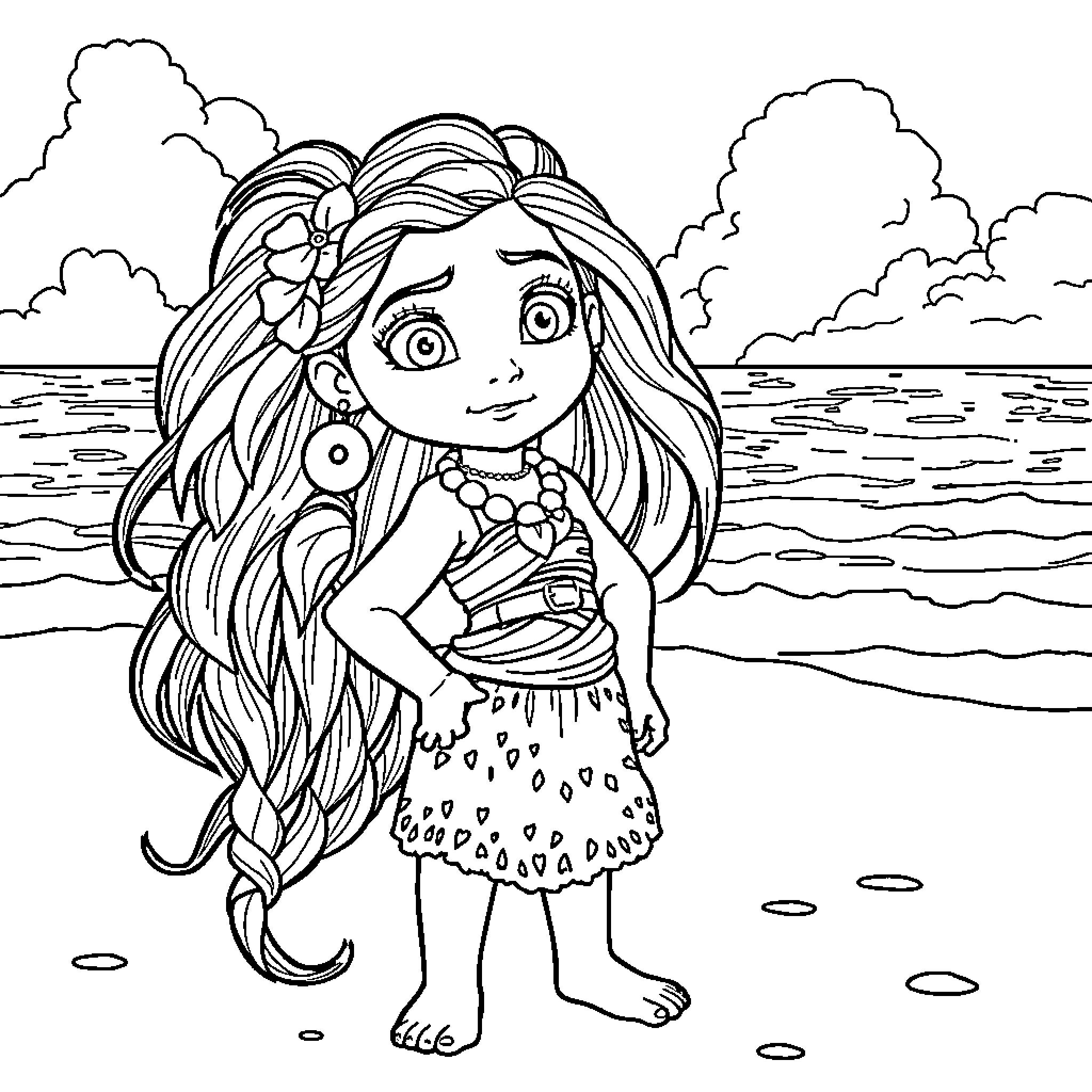 Moana enjoying the beach with flowers Coloring Page (free black-and-white line drawing printable PDF for all, from beginners to advanced learners, including children, teens, adults, and seniors)