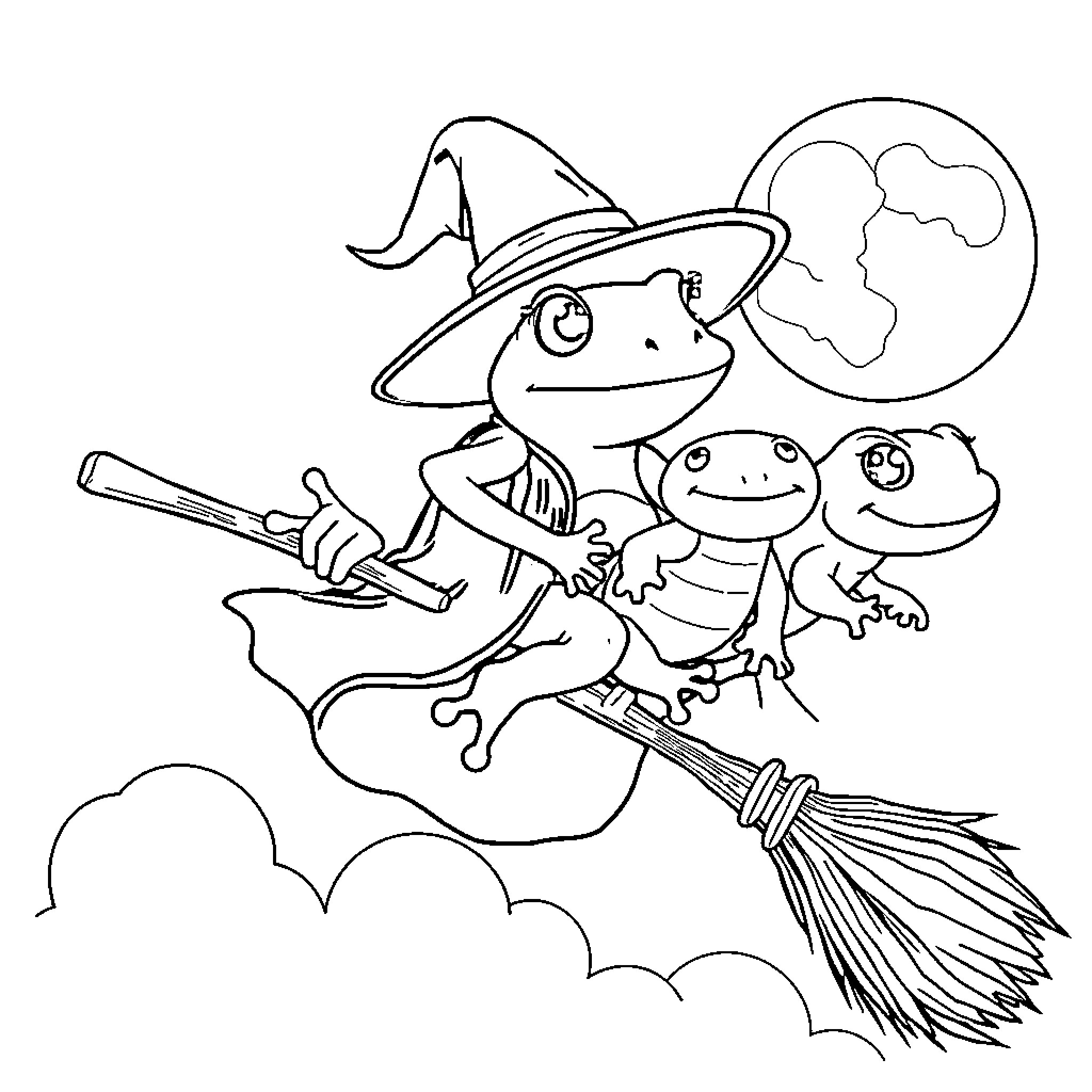 Frog family flying on a broomstick Coloring Page (free black-and-white line drawing printable PDF for all, from beginners to advanced learners, including children, teens, adults, and seniors)