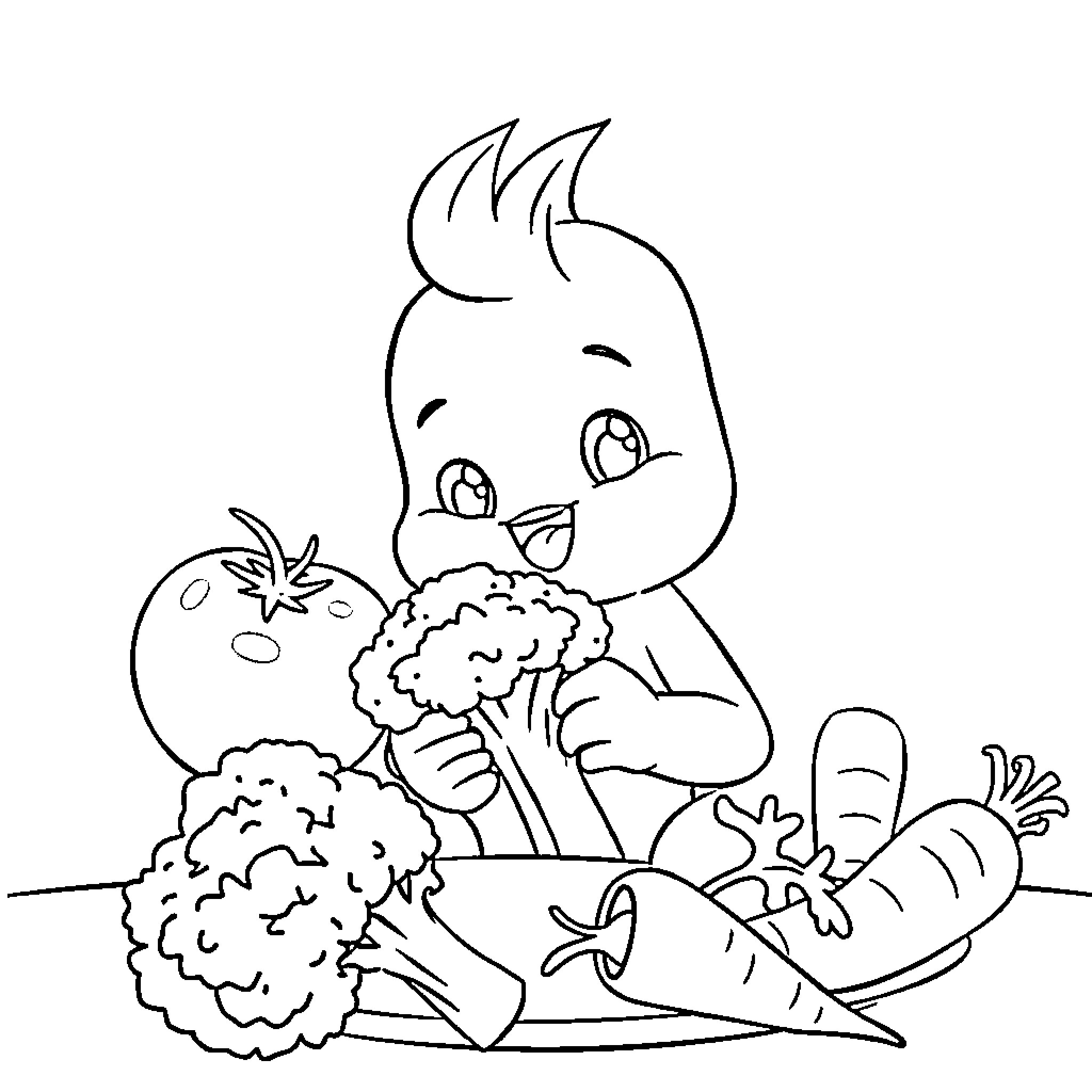 Pocoyo enjoying a healthy vegetable snack Coloring Page (free black-and-white line drawing printable PDF for all, from beginners to advanced learners, including children, teens, adults, and seniors)