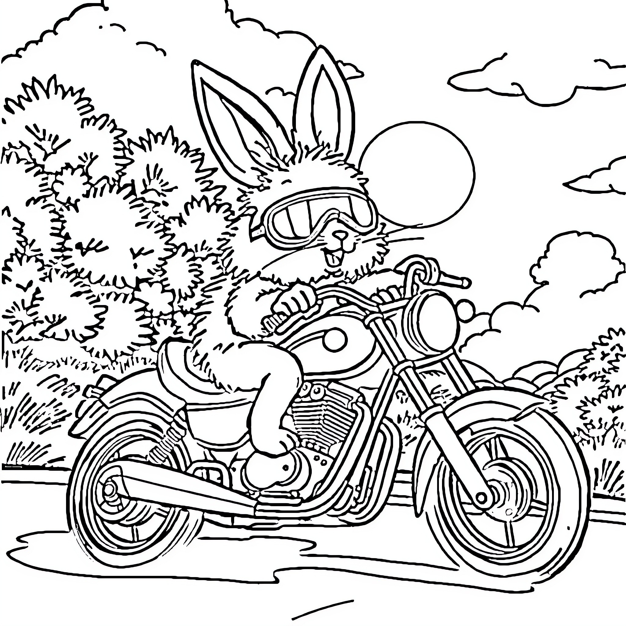 Bunny riding motorcycle in nature Coloring Page (free black-and-white line drawing printable PDF for all, from beginners to advanced learners, including children, teens, adults, and seniors)
