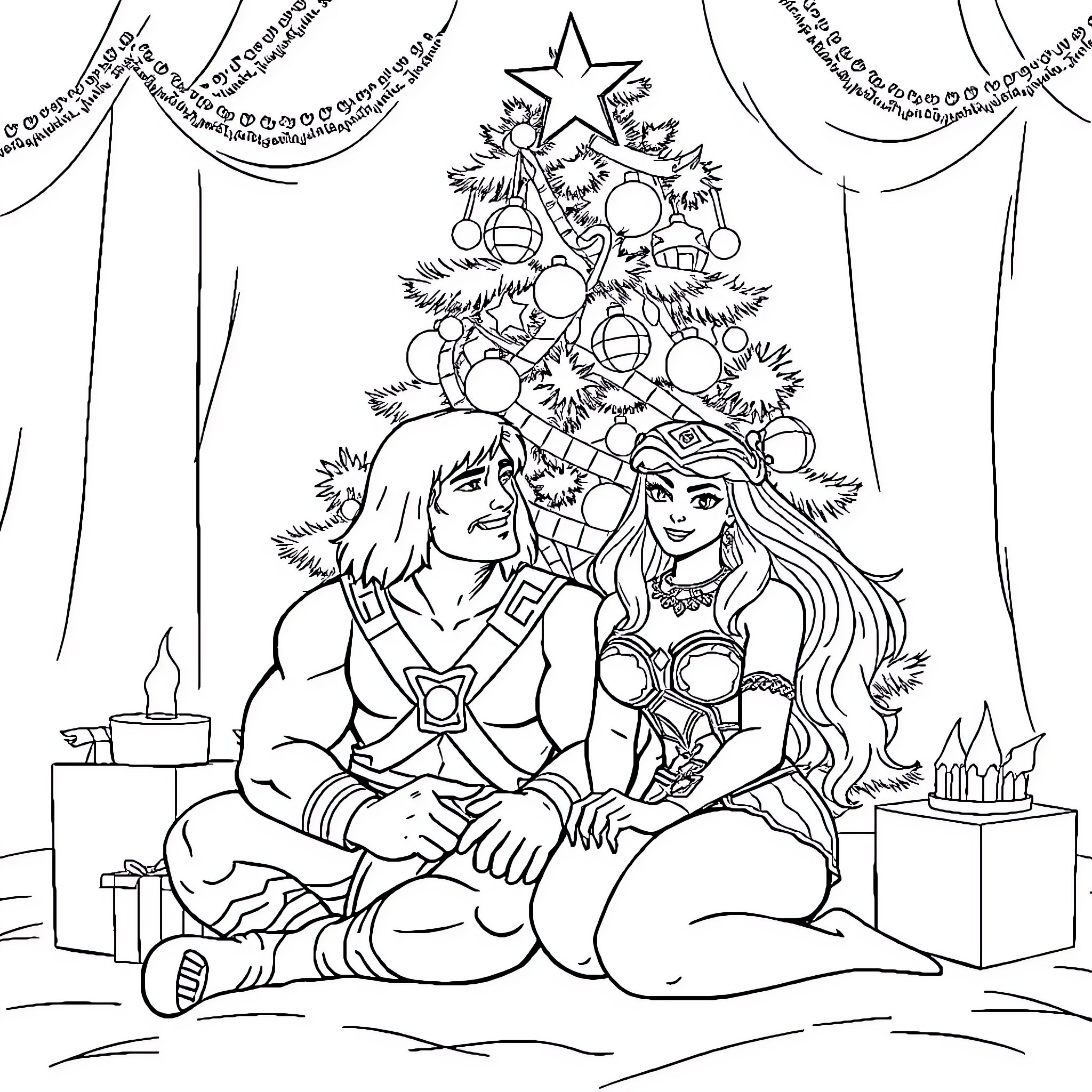He-Man and Woman-at-Arms Celebrating Christmas Together Coloring Page (free black-and-white line drawing printable PDF for all, from beginners to advanced learners, including children, teens, adults, and seniors)
