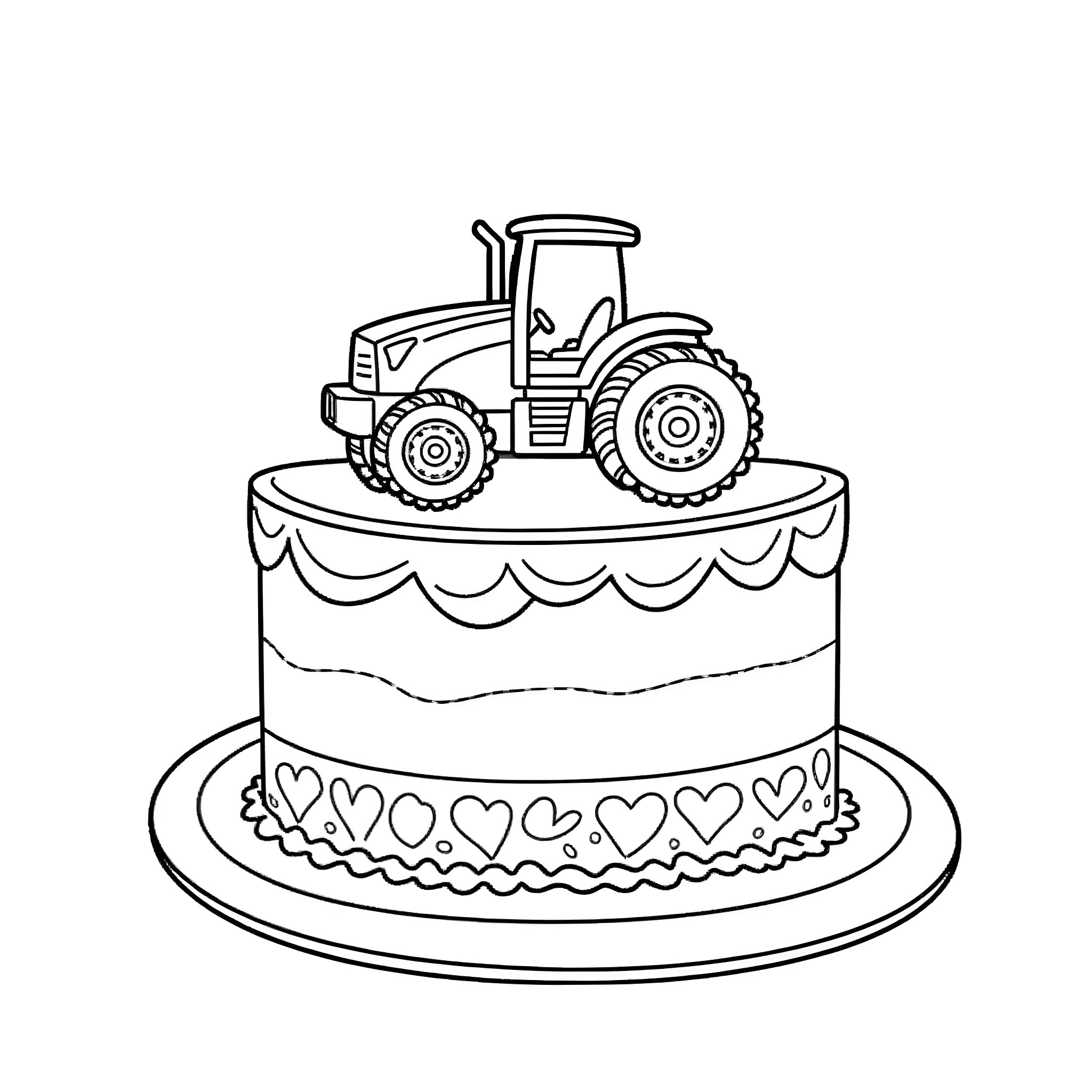 Cake with a tractor on top Coloring Page (free black-and-white line drawing printable PDF for all, from beginners to advanced learners, including children, teens, adults, and seniors)
