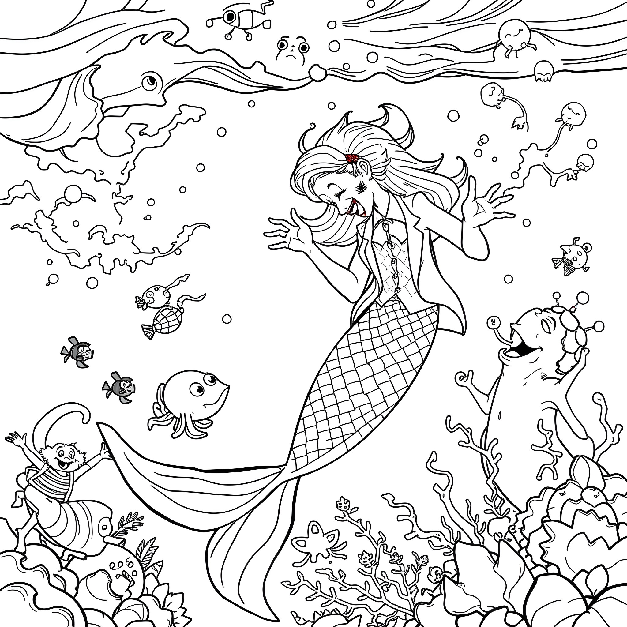 Mermaid enjoying the underwater world with marine life Coloring Page (free black-and-white line drawing printable PDF for all, from beginners to advanced learners, including children, teens, adults, and seniors)