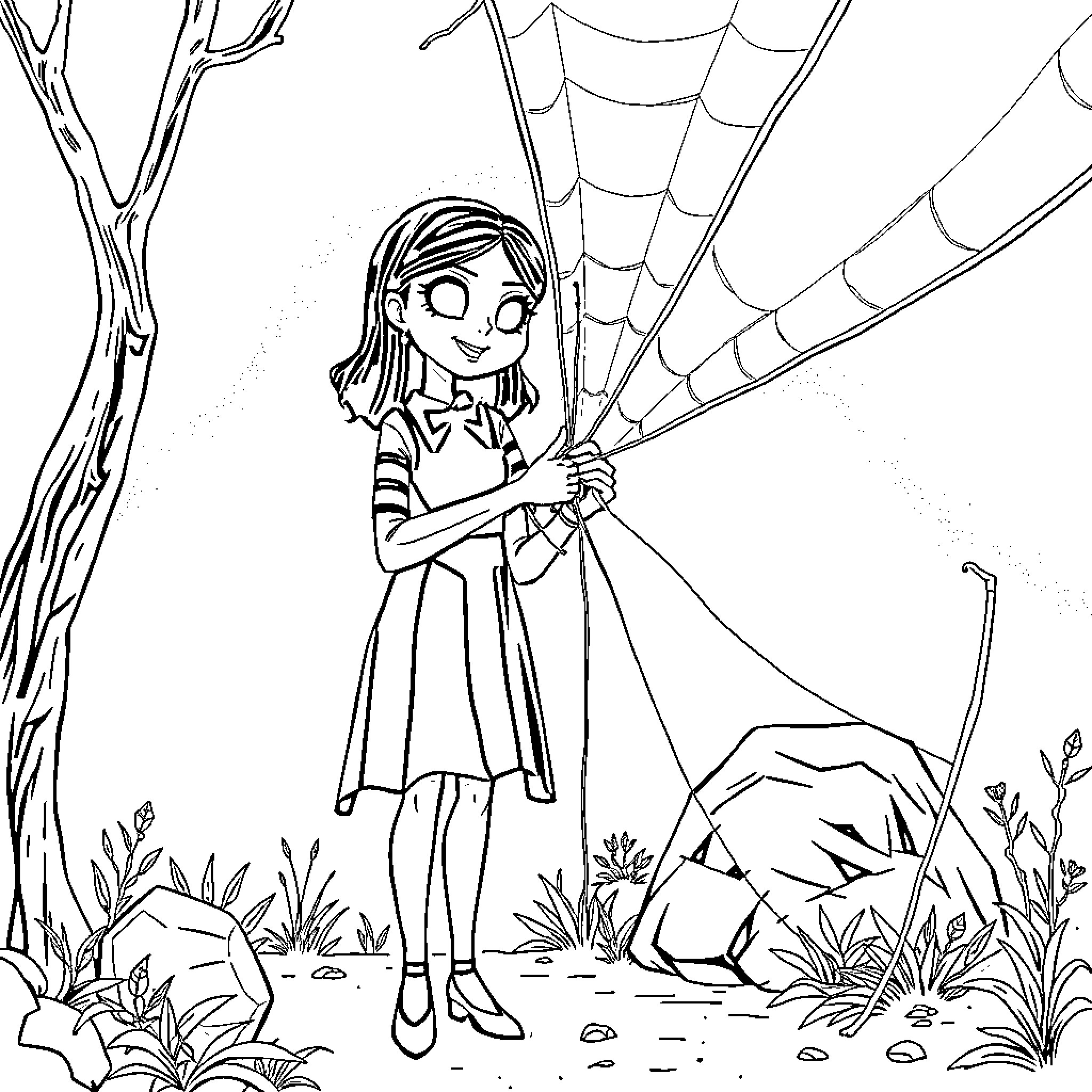 Wednesday Addams exploring the enchanted forest Coloring Page (free black-and-white line drawing printable PDF for all, from beginners to advanced learners, including children, teens, adults, and seniors)