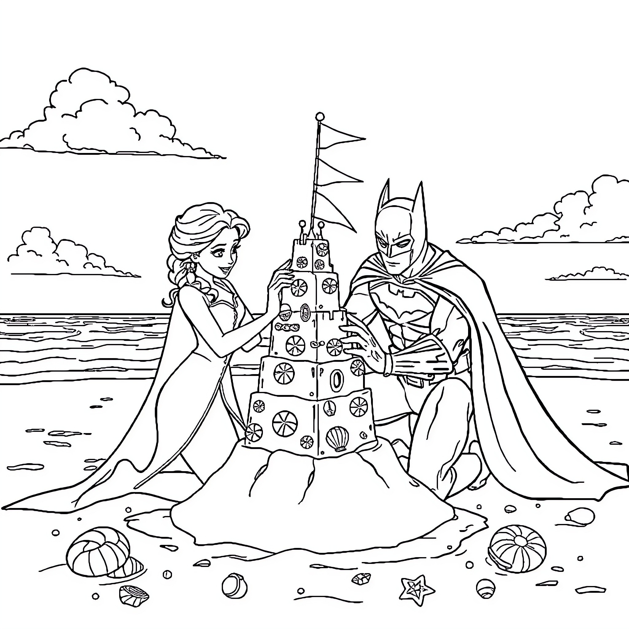 Elsa and Batman building a sandcastle on the beach Coloring Page (free black-and-white line drawing printable PDF for all, from beginners to advanced learners, including children, teens, adults, and seniors)