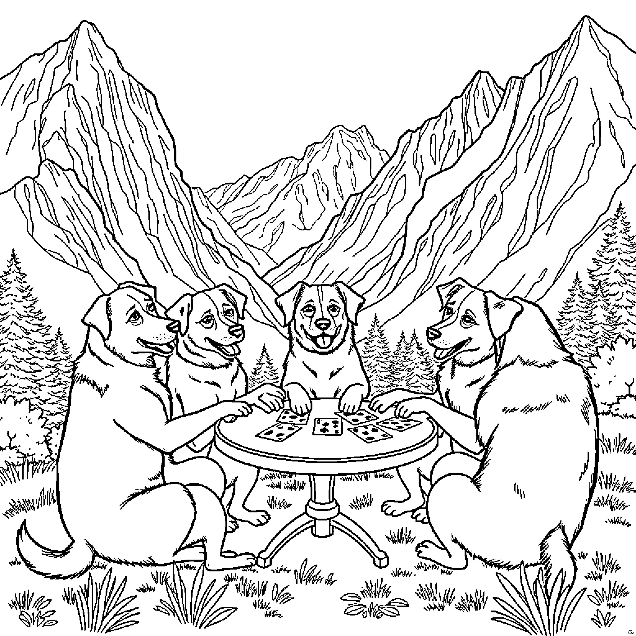 Dogs playing checkers in the mountains Coloring Page (free black-and-white line drawing printable PDF for all, from beginners to advanced learners, including children, teens, adults, and seniors)