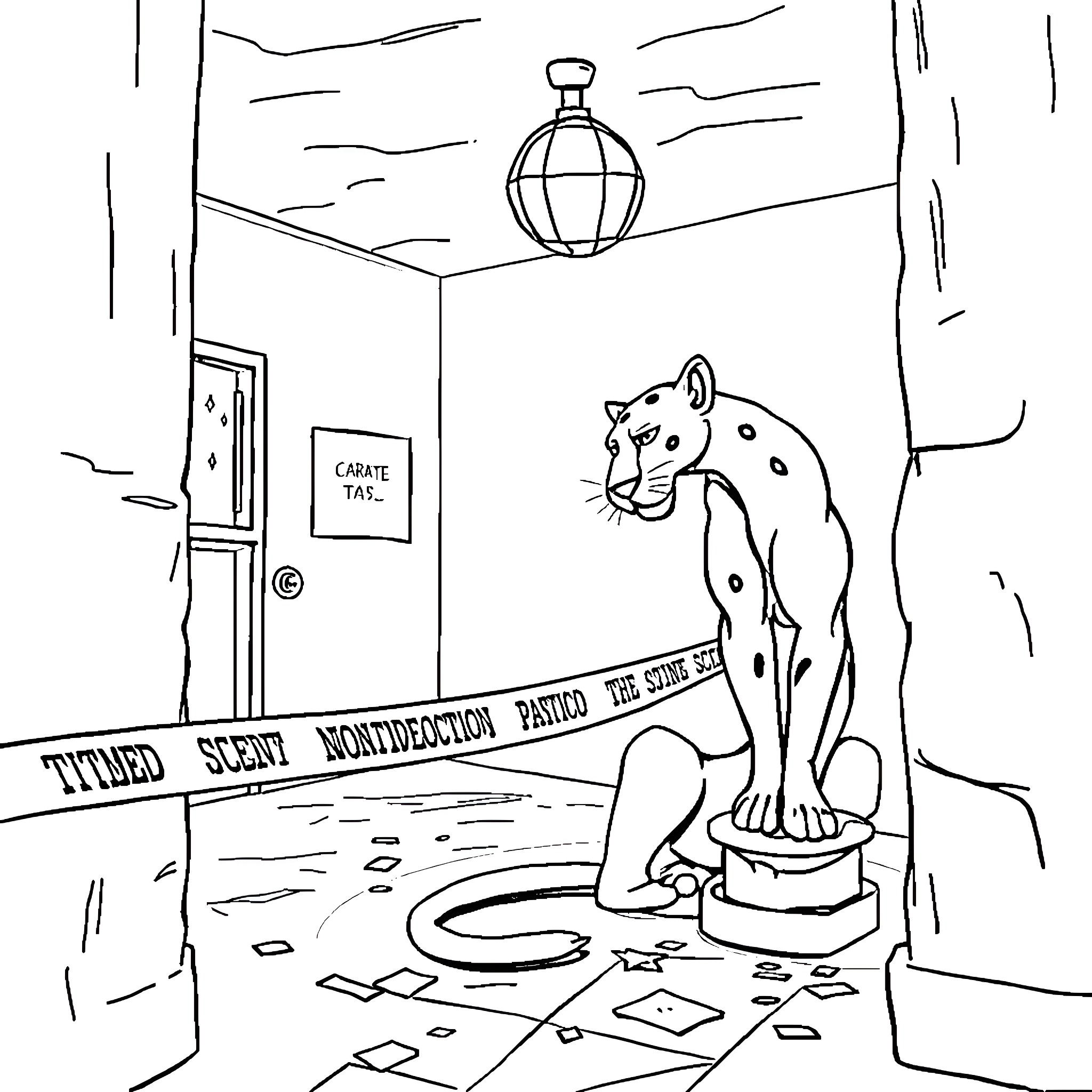 Pink Panther investigates the crime scene Coloring Page (free black-and-white line drawing printable PDF for all, from beginners to advanced learners, including children, teens, adults, and seniors)