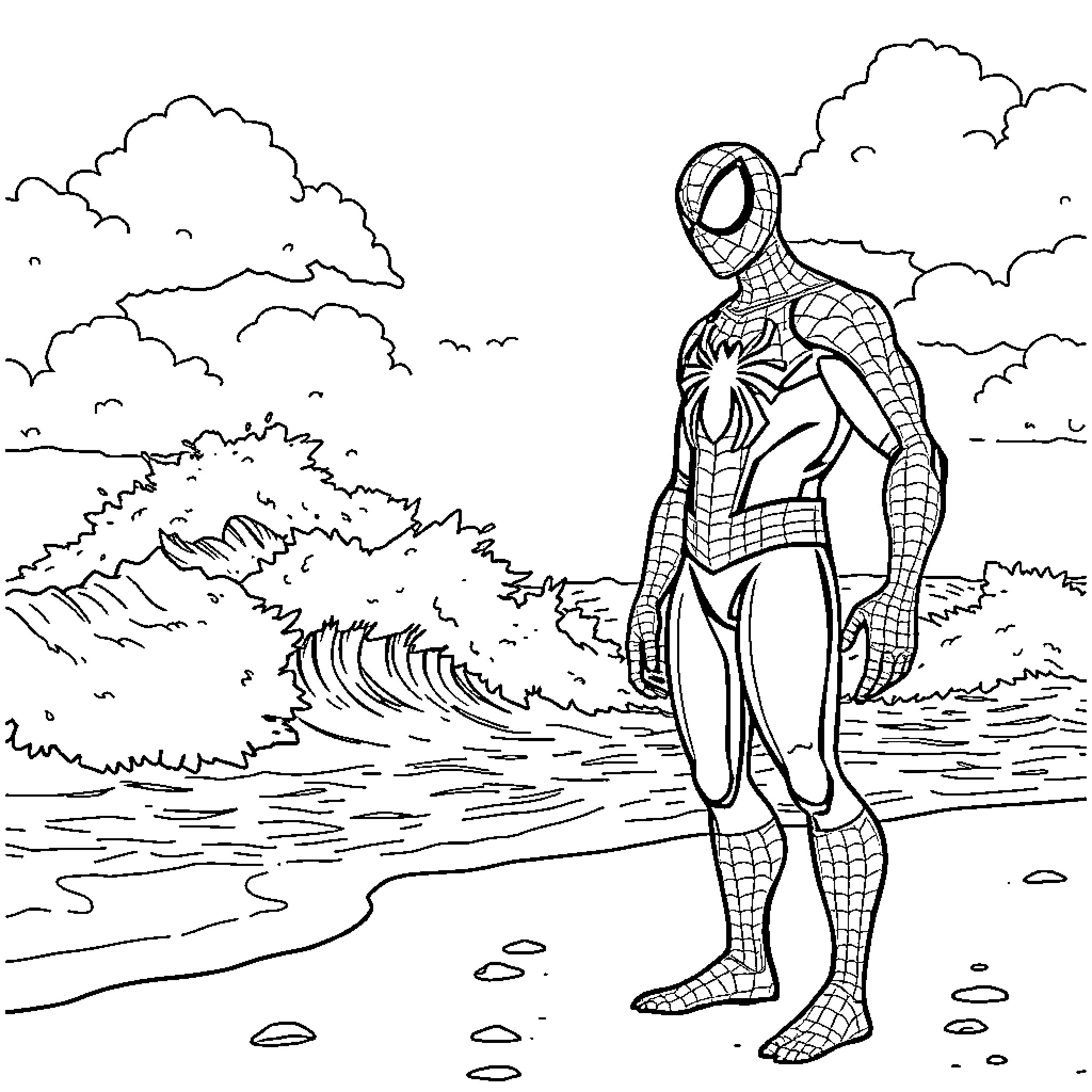 Spiderman standing heroically on a beach by the waves Coloring Page (free black-and-white line drawing printable PDF for all, from beginners to advanced learners, including children, teens, adults, and seniors)