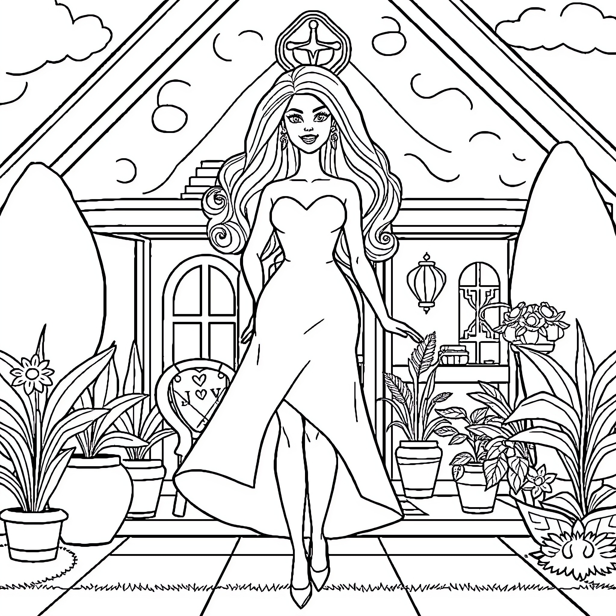 Barbie in an enchanting garden setting Coloring Page (free black-and-white line drawing printable PDF for all, from beginners to advanced learners, including children, teens, adults, and seniors)
