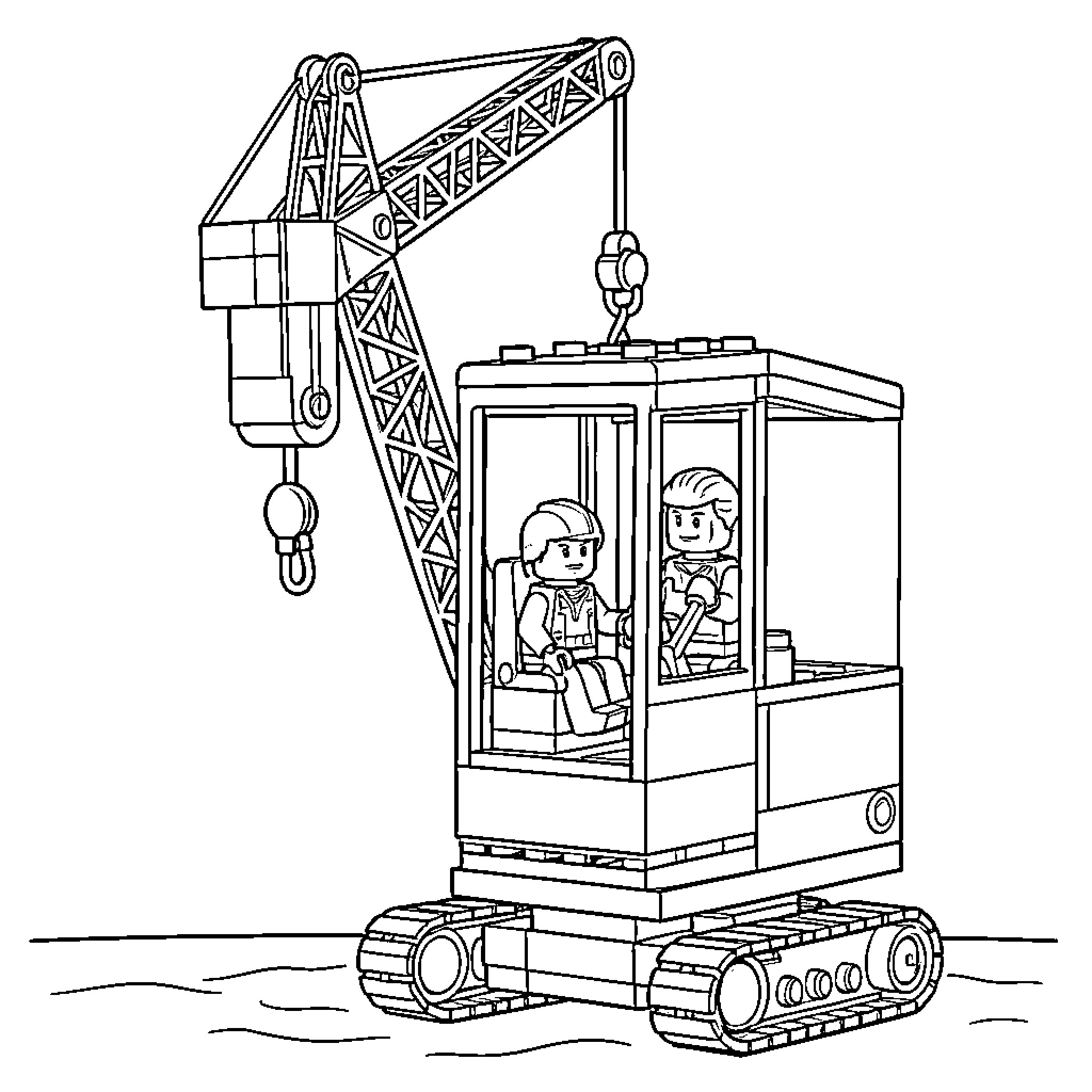 LEGO Character operating a heavy construction crane Coloring Page (free black-and-white line drawing printable PDF for all, from beginners to advanced learners, including children, teens, adults, and seniors)