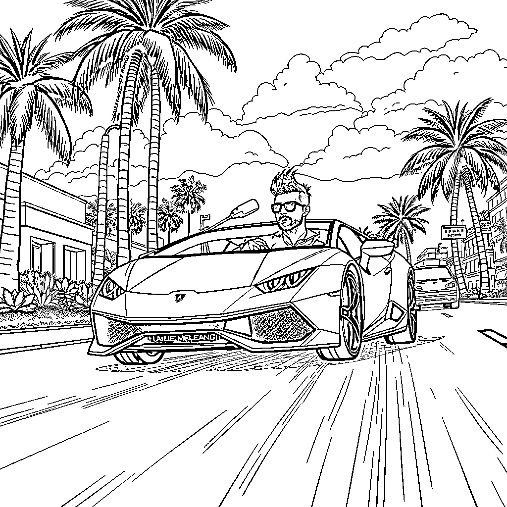 Post Malone's thrilling drive through a vibrant city Coloring Page (free black-and-white line drawing printable PDF for all, from beginners to advanced learners, including children, teens, adults, and seniors)