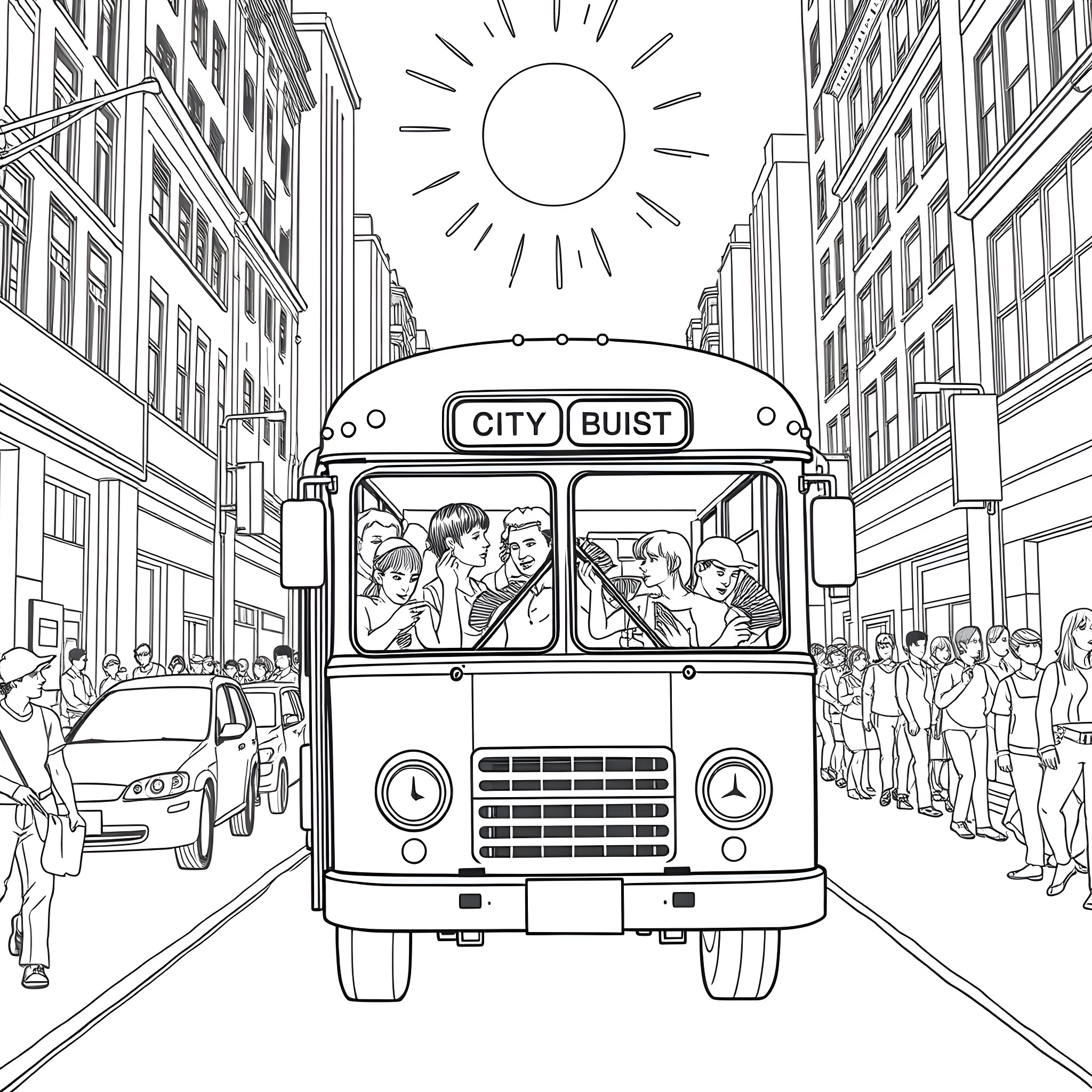 Bus with Busy Passengers in the City Coloring Page (free black-and-white line drawing printable PDF for all, from beginners to advanced learners, including children, teens, adults, and seniors)