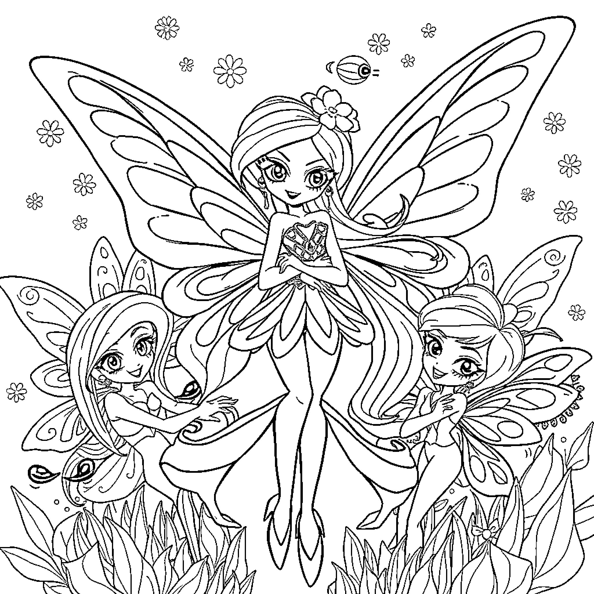 Bloom of fairy friends in enchanting meadow Coloring Page (free black-and-white line drawing printable PDF for all, from beginners to advanced learners, including children, teens, adults, and seniors)