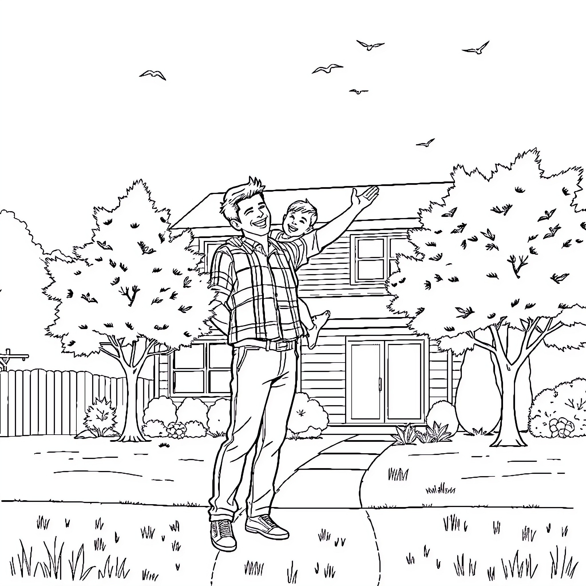Father and Child Exploring Outdoor Home Surroundings Coloring Page (free black-and-white line drawing printable PDF for all, from beginners to advanced learners, including children, teens, adults, and seniors)