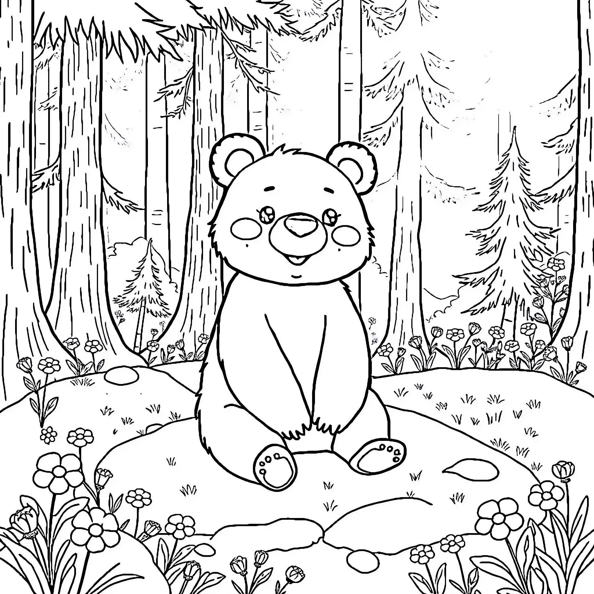 Bear exploring the enchanting forest Coloring Page (free black-and-white line drawing printable PDF for all, from beginners to advanced learners, including children, teens, adults, and seniors)