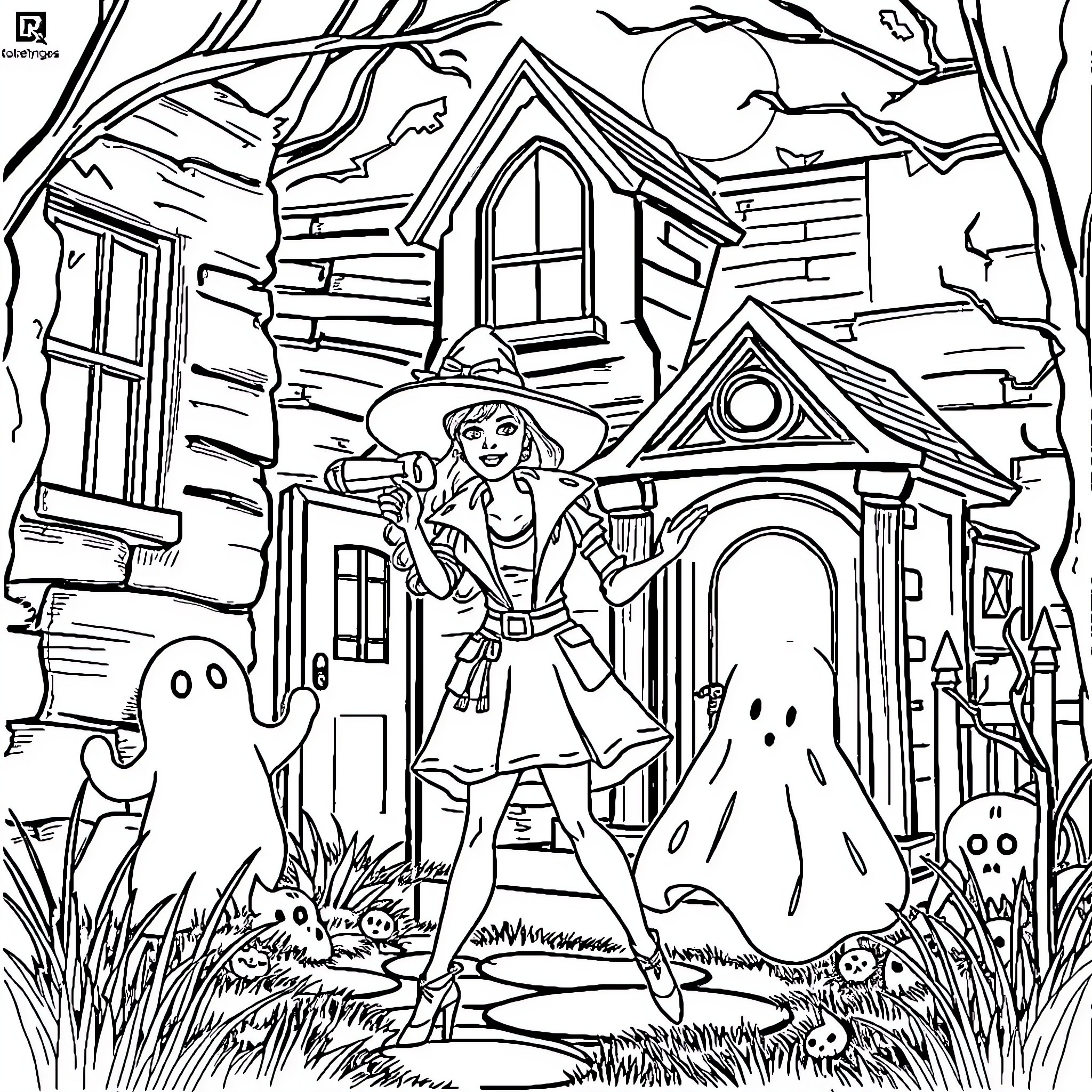 Barbie's Halloween Adventure in Haunted House Coloring Page (free black-and-white line drawing printable PDF for all, from beginners to advanced learners, including children, teens, adults, and seniors)