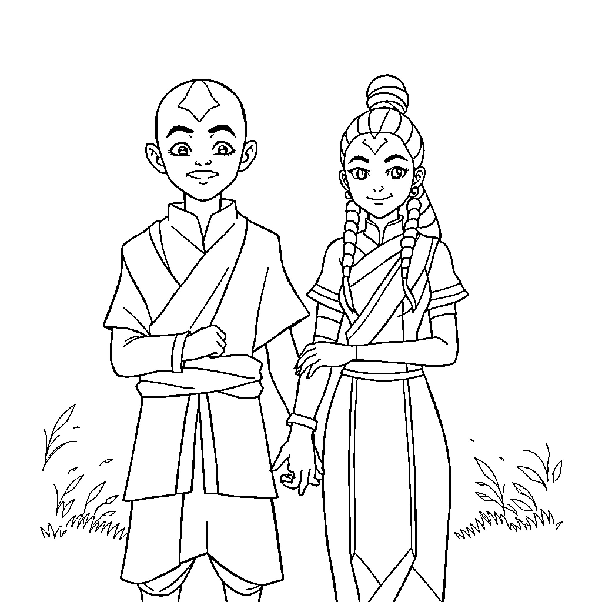 Aang and Katara in traditional outfits Coloring Page (free black-and-white line drawing printable PDF for all, from beginners to advanced learners, including children, teens, adults, and seniors)