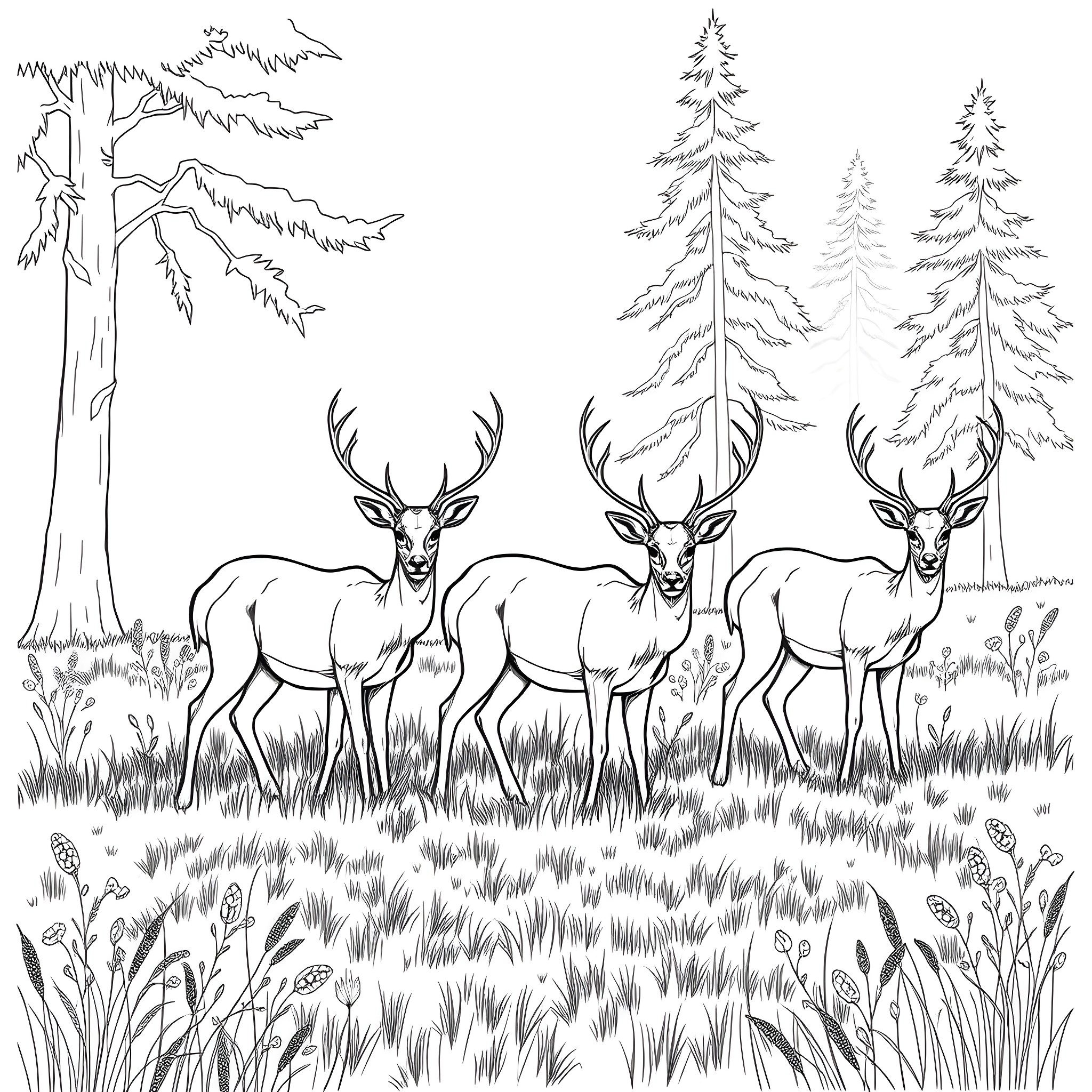 Graceful Deer in Serene Forest Coloring Page (free black-and-white line drawing printable PDF for all, from beginners to advanced learners, including children, teens, adults, and seniors)