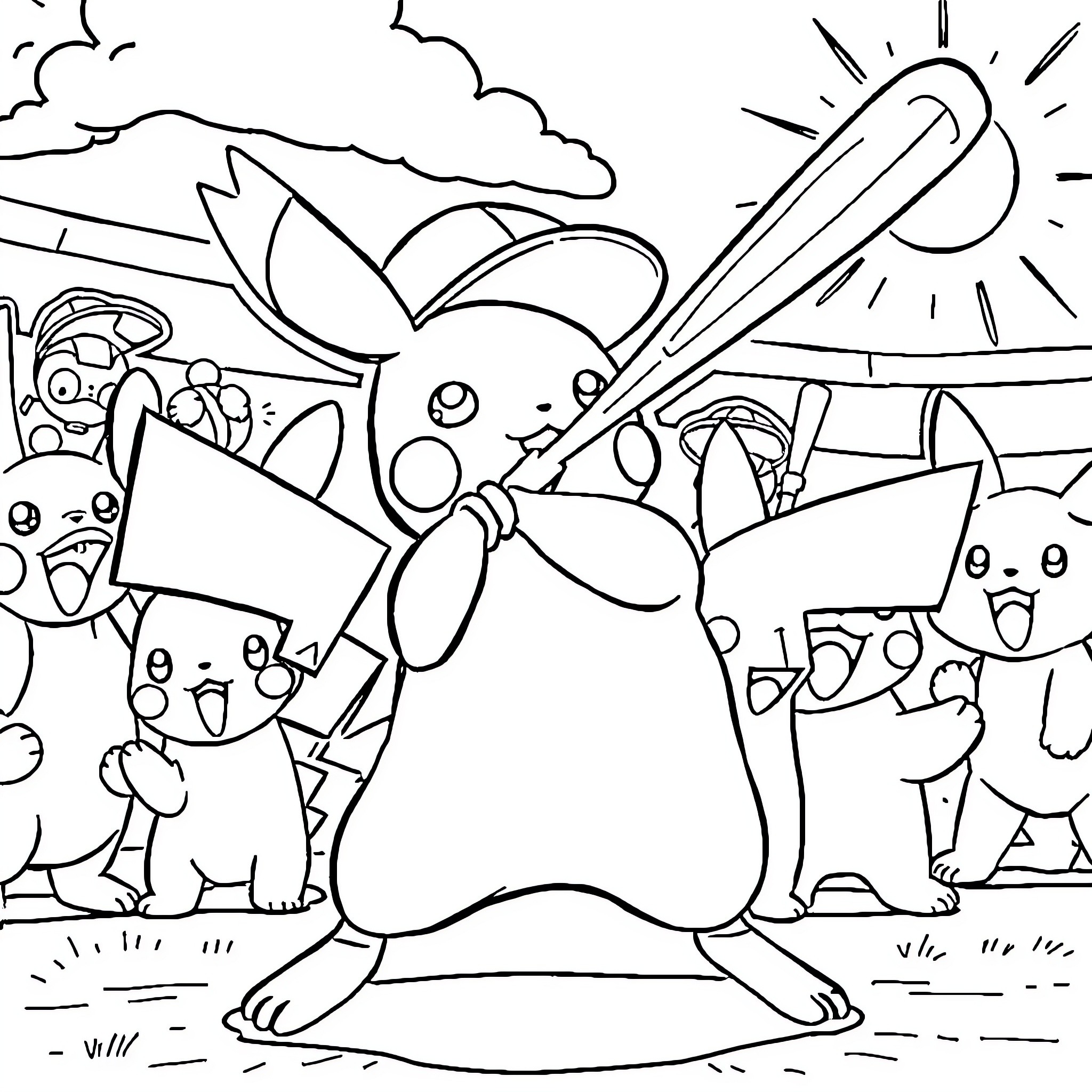 Pikachu and Pokemon Friends Enjoying Outdoor Adventure Coloring Page (free black-and-white line drawing printable PDF for all, from beginners to advanced learners, including children, teens, adults, and seniors)