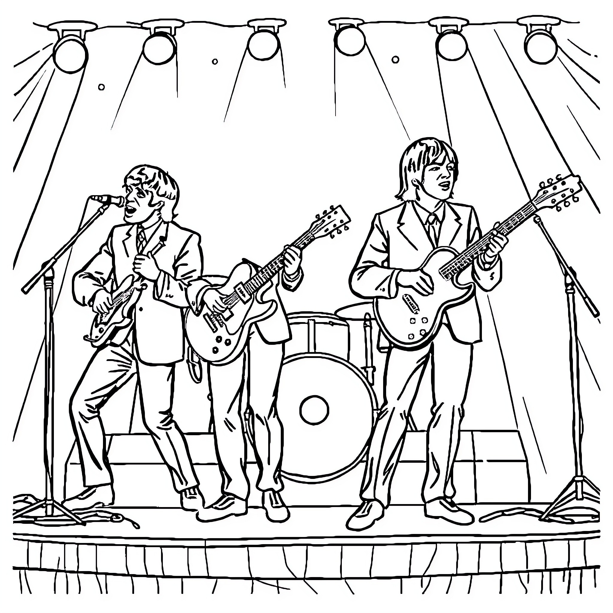 Beatles performing on stage in suits Coloring Page (free black-and-white line drawing printable PDF for all, from beginners to advanced learners, including children, teens, adults, and seniors)