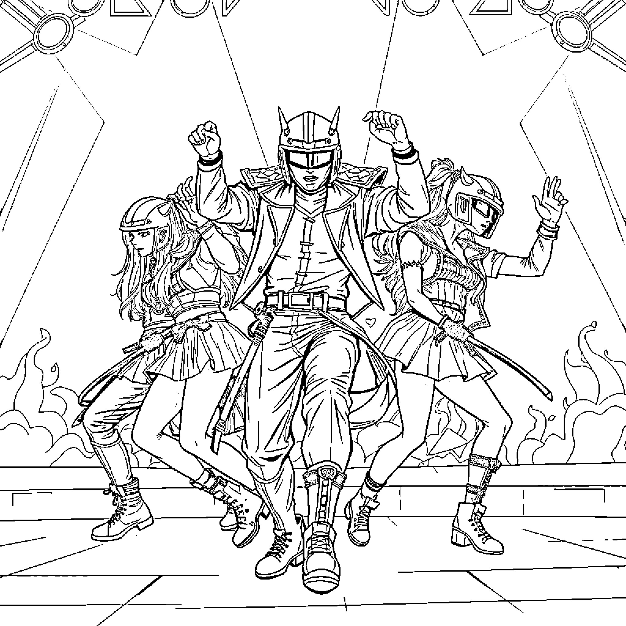 K Pop Warrior Powerful Team Ready for Action Coloring Page (free black-and-white line drawing printable PDF for all, from beginners to advanced learners, including children, teens, adults, and seniors)