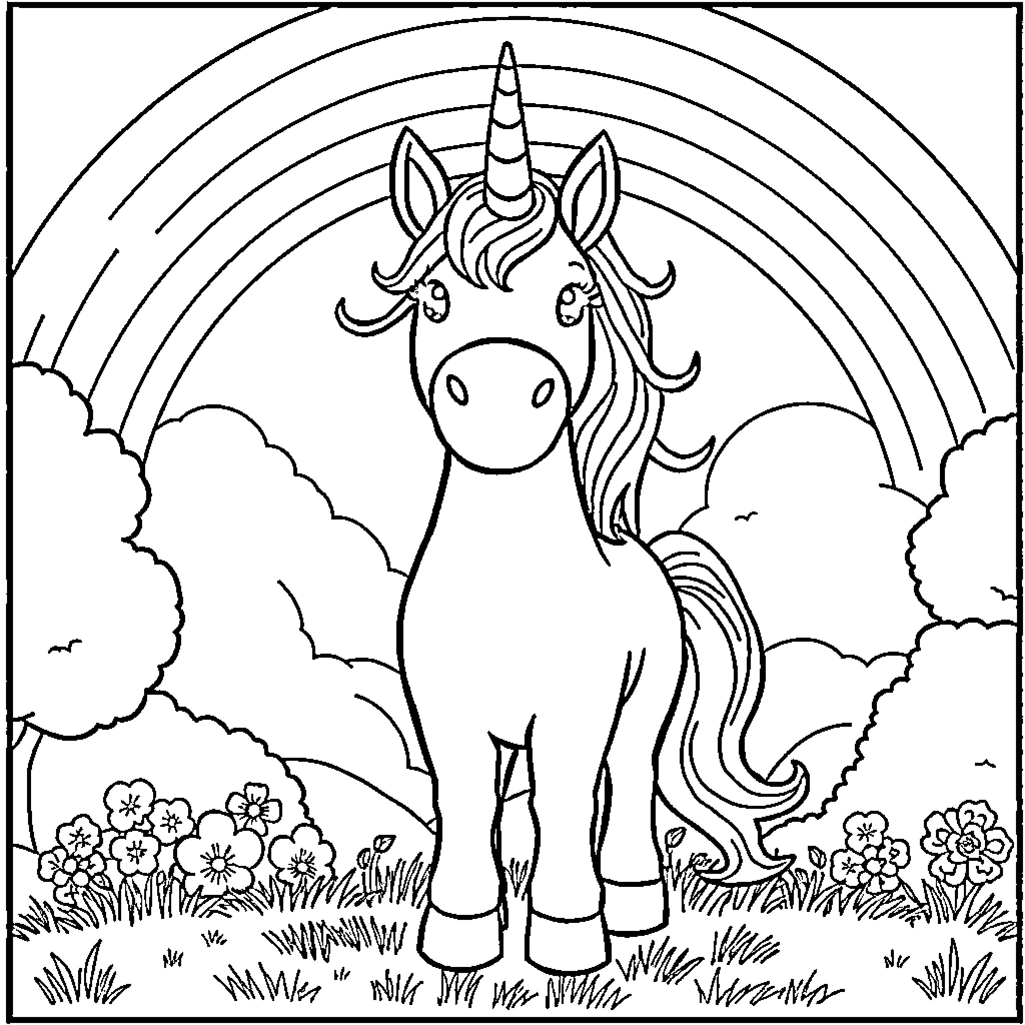 Unicorn standing in a magical meadow Coloring Page (free black-and-white line drawing printable PDF for all, from beginners to advanced learners, including children, teens, adults, and seniors)