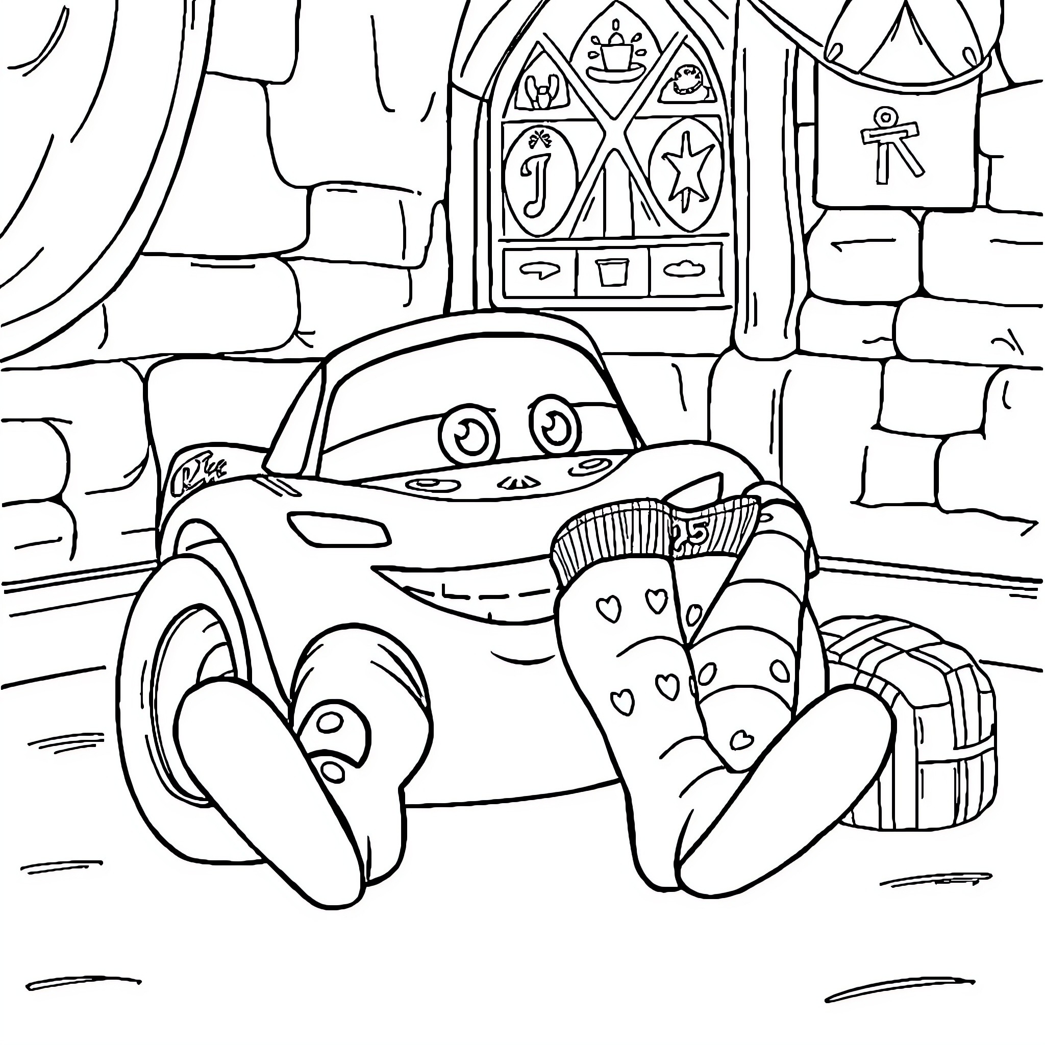 Lightning McQueen in a whimsical castle setting Coloring Page (free black-and-white line drawing printable PDF for all, from beginners to advanced learners, including children, teens, adults, and seniors)