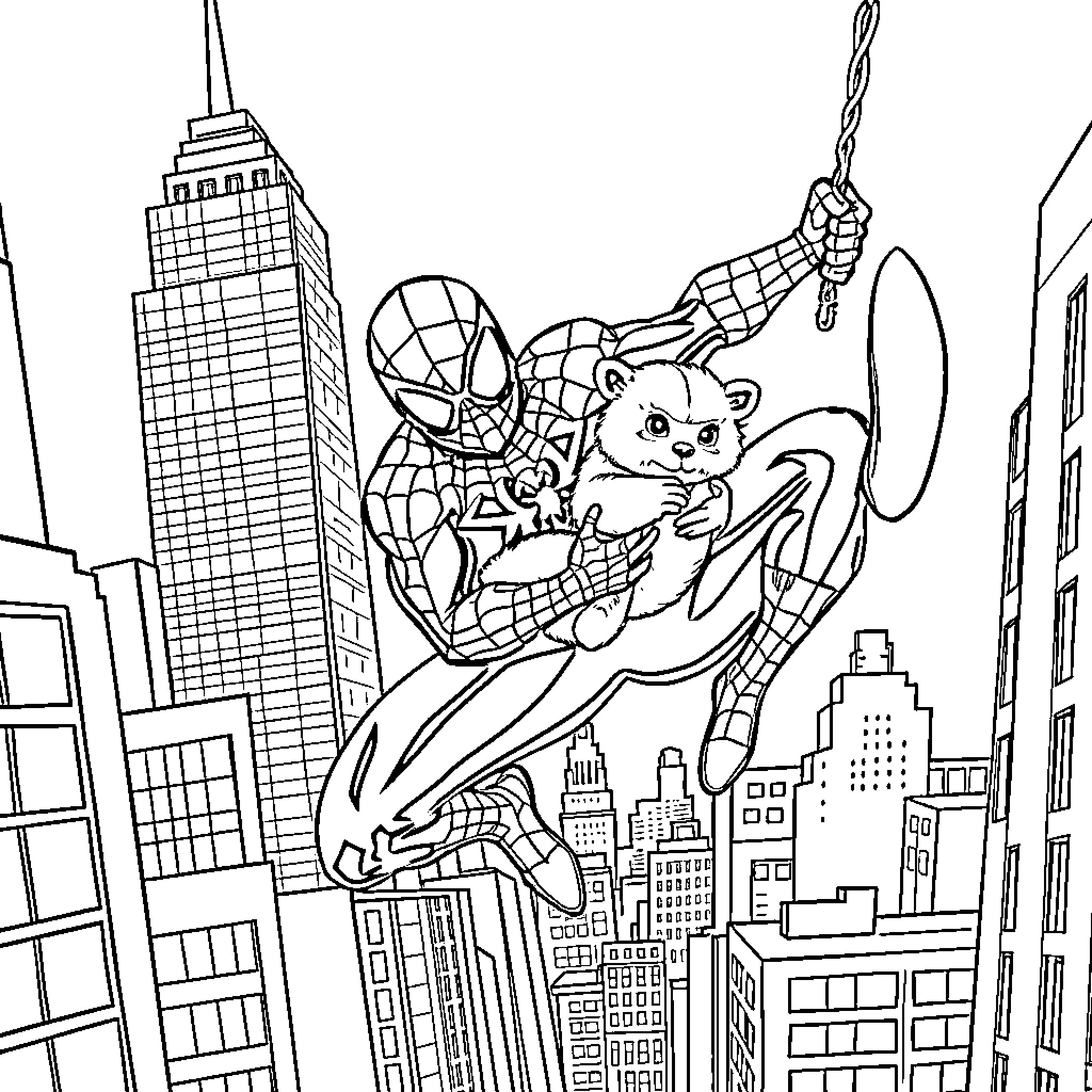 Spiderman rescuing a cute cat in the city Coloring Page (free black-and-white line drawing printable PDF for all, from beginners to advanced learners, including children, teens, adults, and seniors)
