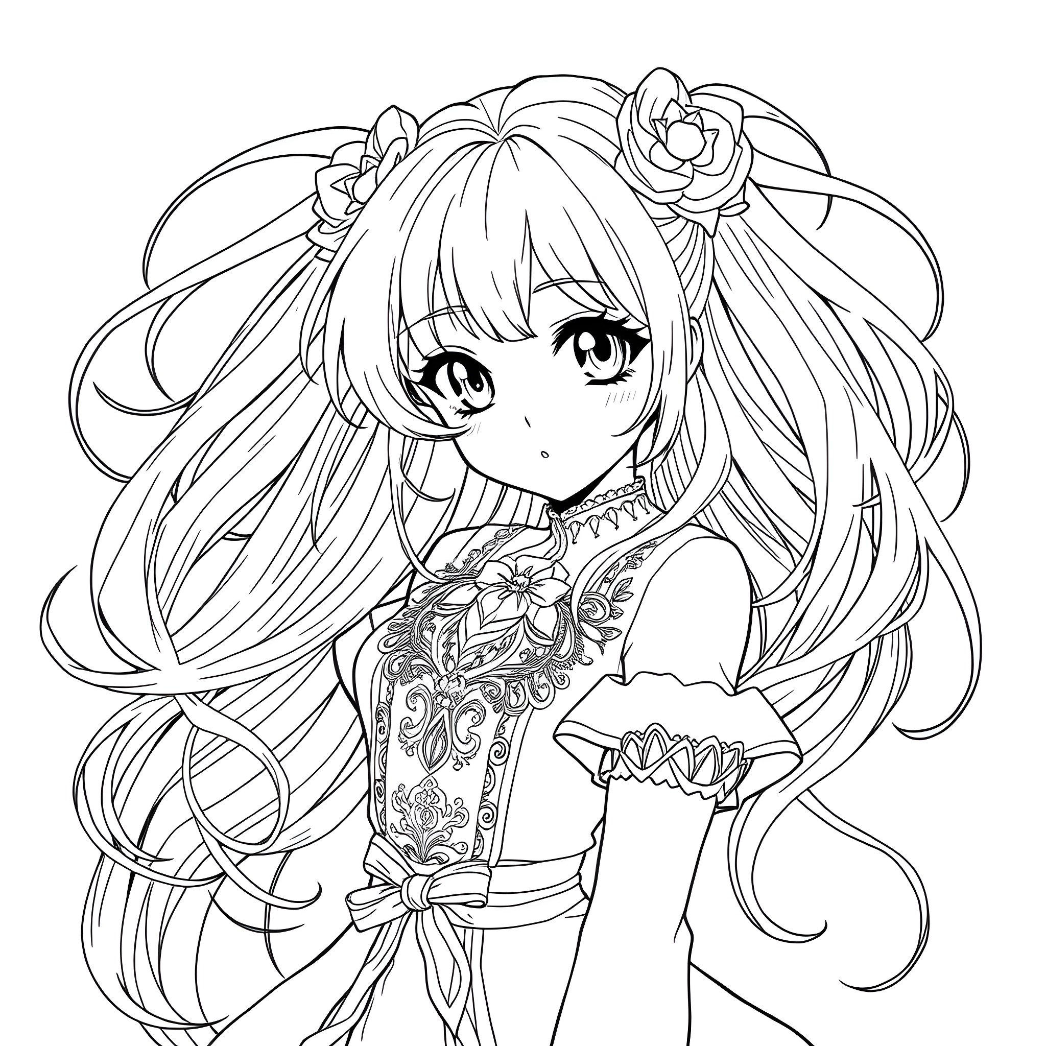 Anime Girl with Intricate Floral Dress and Flowing Hair Coloring Page (free black-and-white line drawing printable PDF for all, from beginners to advanced learners, including children, teens, adults, and seniors)