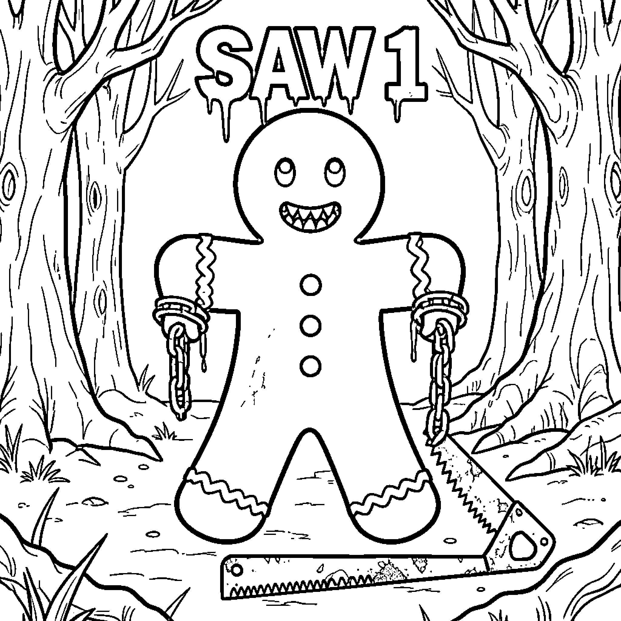 Gingerbreadman trapped in chains in a spooky forest Coloring Page (free black-and-white line drawing printable PDF for all, from beginners to advanced learners, including children, teens, adults, and seniors)
