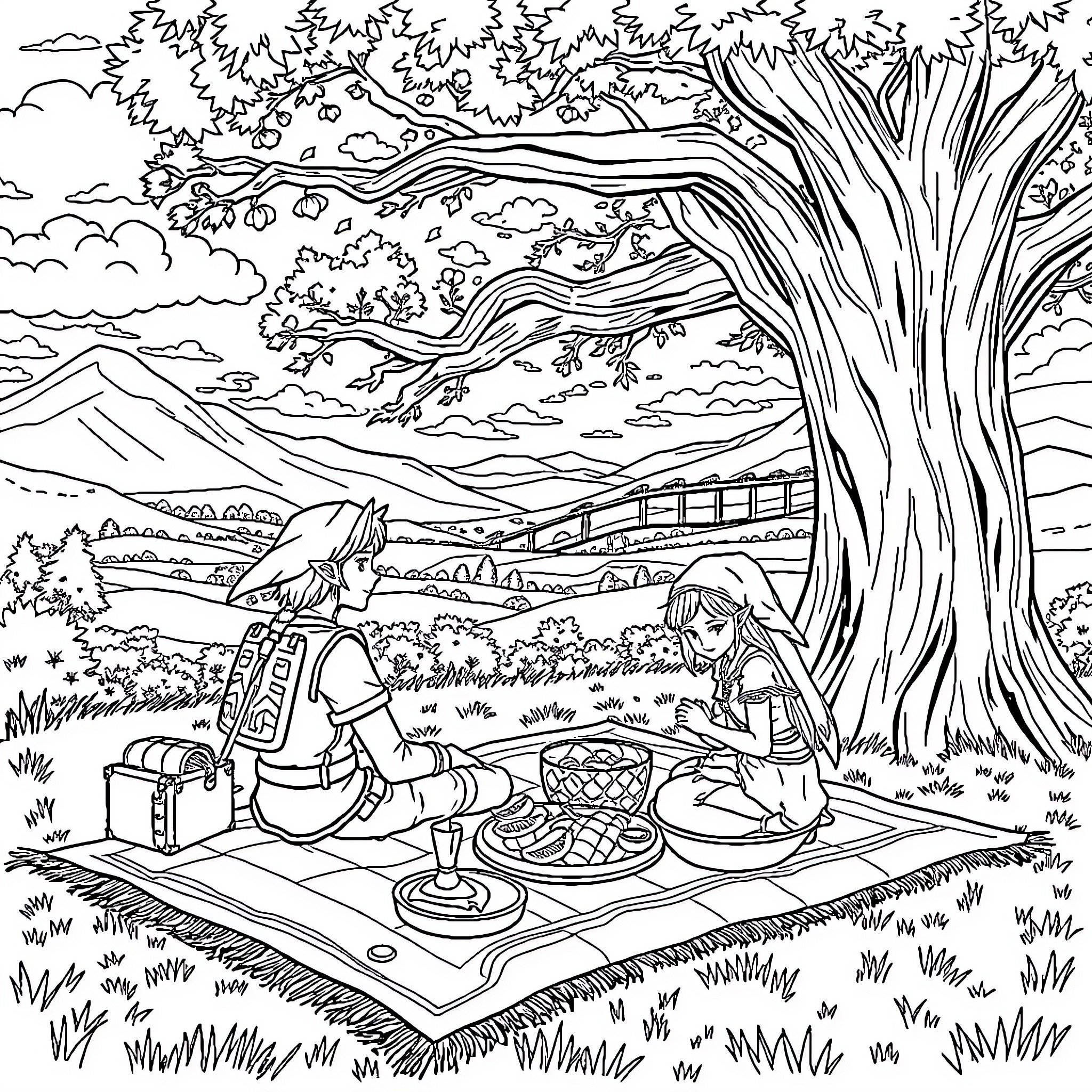 Link and Companion Enjoy Picnic in Scenic Landscape Coloring Page (free black-and-white line drawing printable PDF for all, from beginners to advanced learners, including children, teens, adults, and seniors)