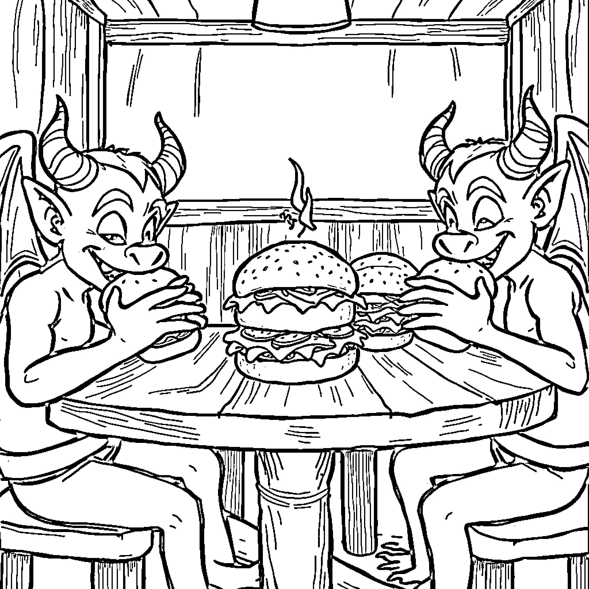Devil Demons Feasting on Burgers in Devilish Lair Coloring Page (free black-and-white line drawing printable PDF for all, from beginners to advanced learners, including children, teens, adults, and seniors)