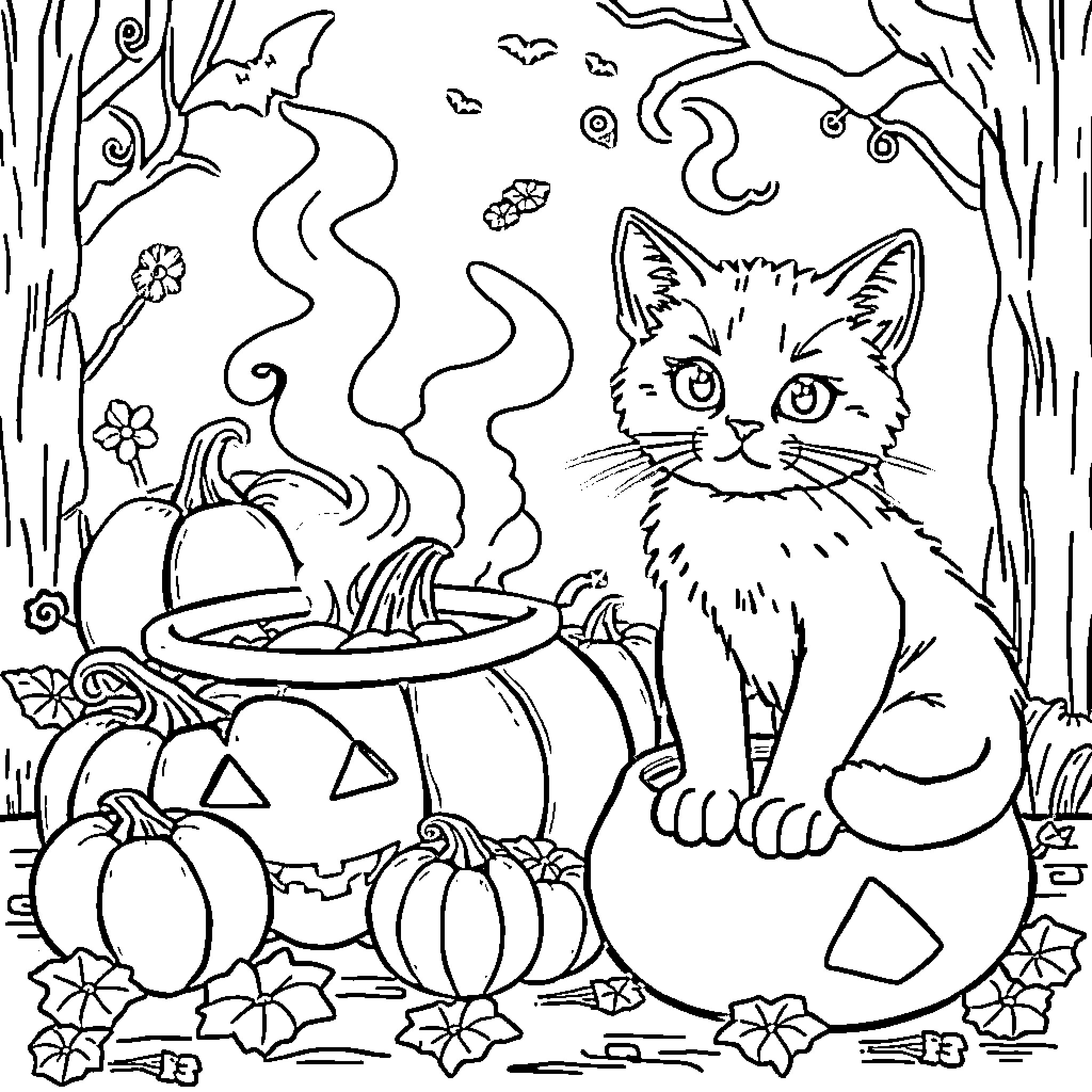 Kitty in a Spooky Halloween Scene Coloring Page (free black-and-white line drawing printable PDF for all, from beginners to advanced learners, including children, teens, adults, and seniors)
