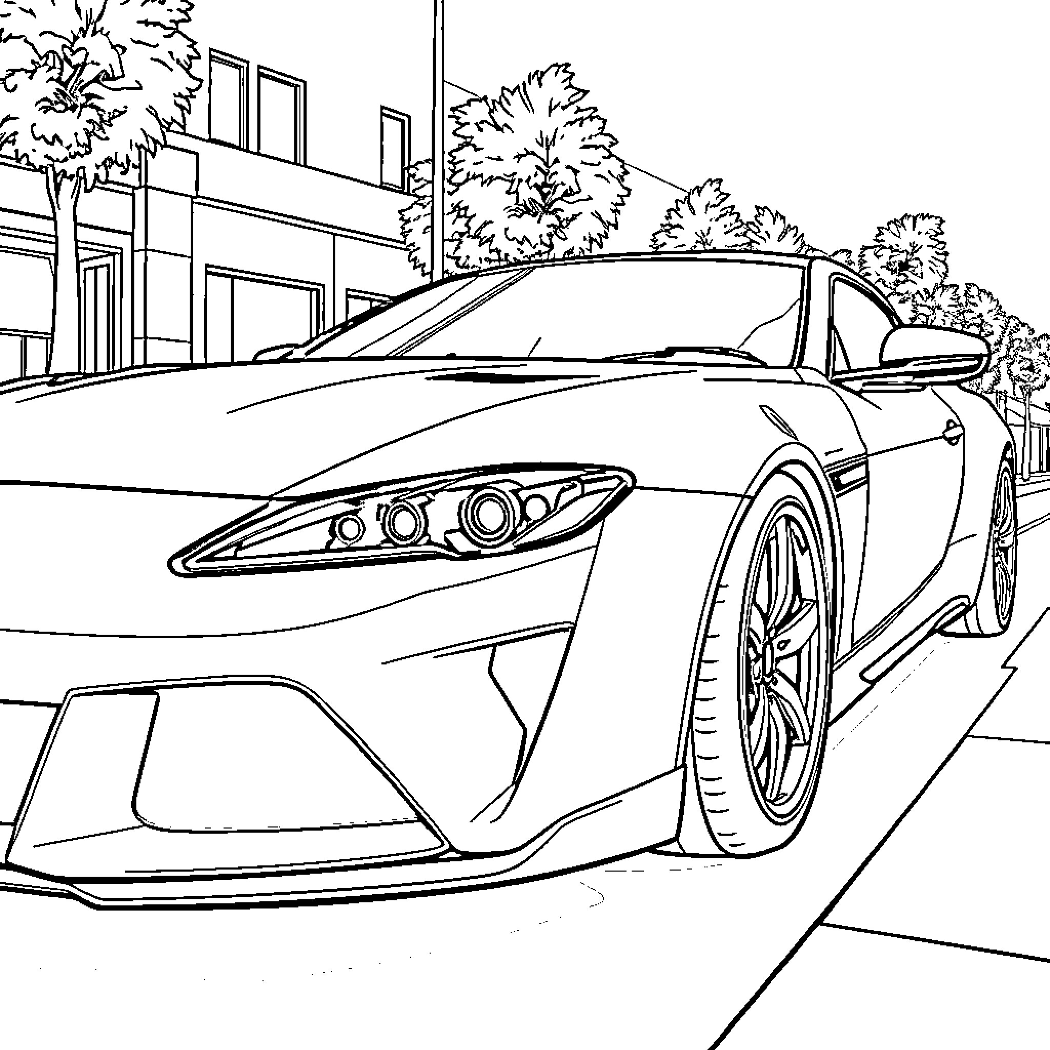Car parked on the street with buildings and trees in the background Coloring Page (free black-and-white line drawing printable PDF for all, from beginners to advanced learners, including children, teens, adults, and seniors)