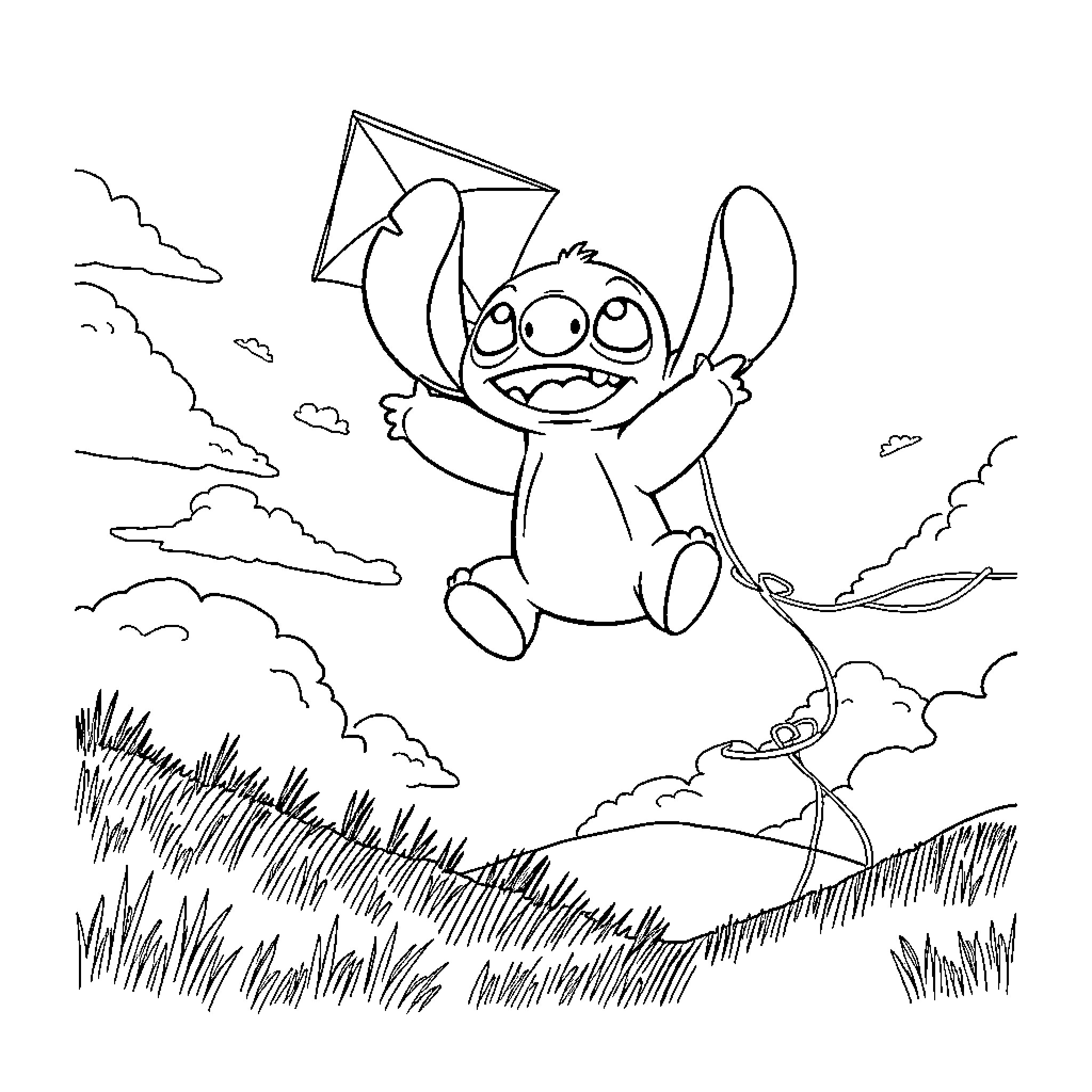 Stitch flying a kite in the meadow Coloring Page (free black-and-white line drawing printable PDF for all, from beginners to advanced learners, including children, teens, adults, and seniors)