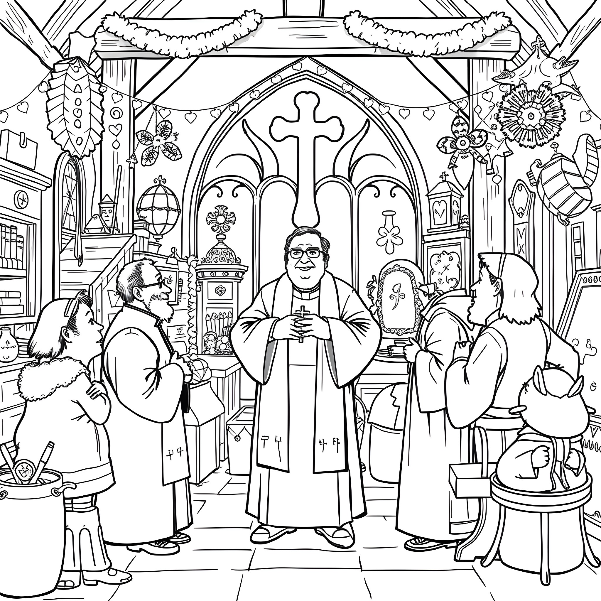 Father Ted conducting a religious service in an adorned chapel Coloring Page (free black-and-white line drawing printable PDF for all, from beginners to advanced learners, including children, teens, adults, and seniors)