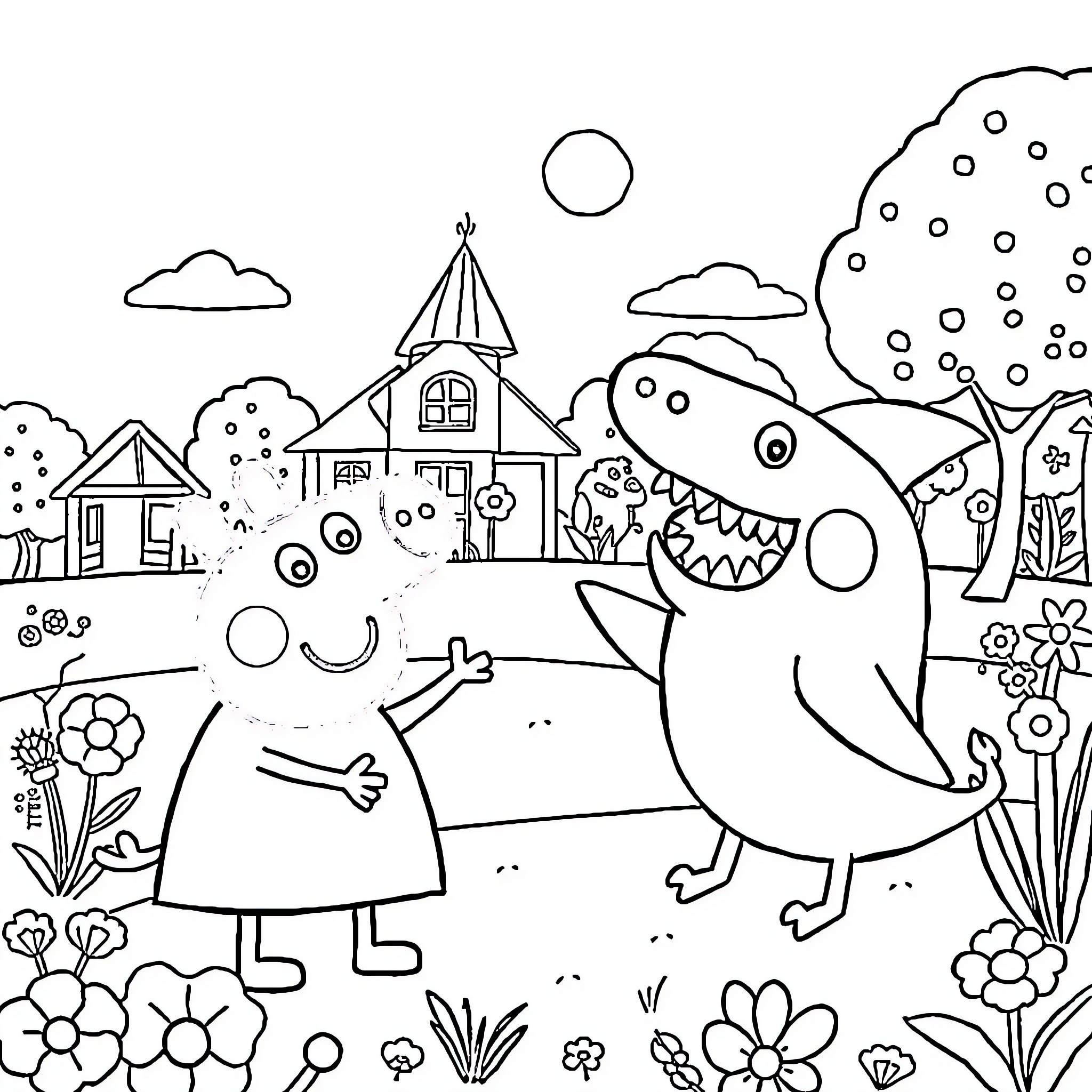 Peppa Pig exploring a playful town with a friendly dinosaur Coloring Page (free black-and-white line drawing printable PDF for all, from beginners to advanced learners, including children, teens, adults, and seniors)