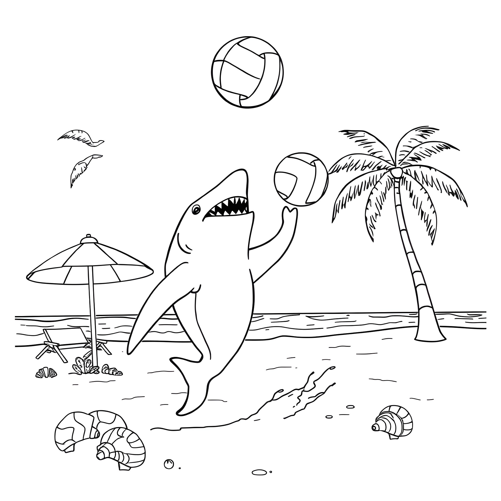 Shark playing beach volleyball with seagulls Coloring Page (free black-and-white line drawing printable PDF for all, from beginners to advanced learners, including children, teens, adults, and seniors)