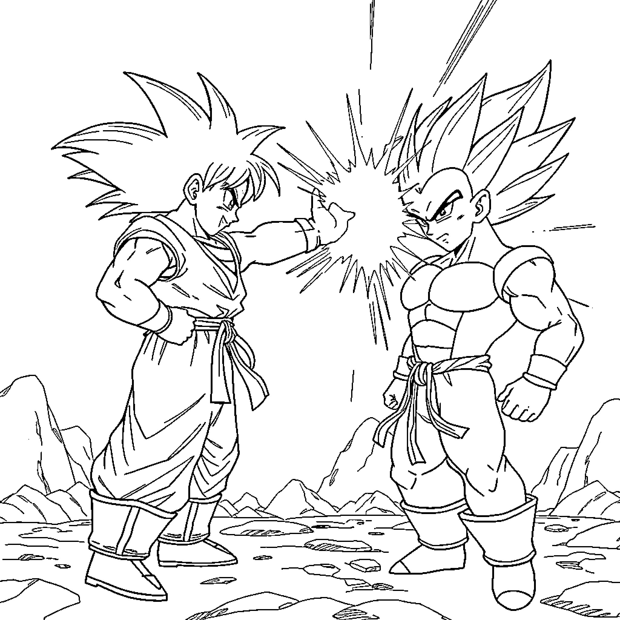 Goku engaged in intense battle with a muscular warrior Coloring Page (free black-and-white line drawing printable PDF for all, from beginners to advanced learners, including children, teens, adults, and seniors)