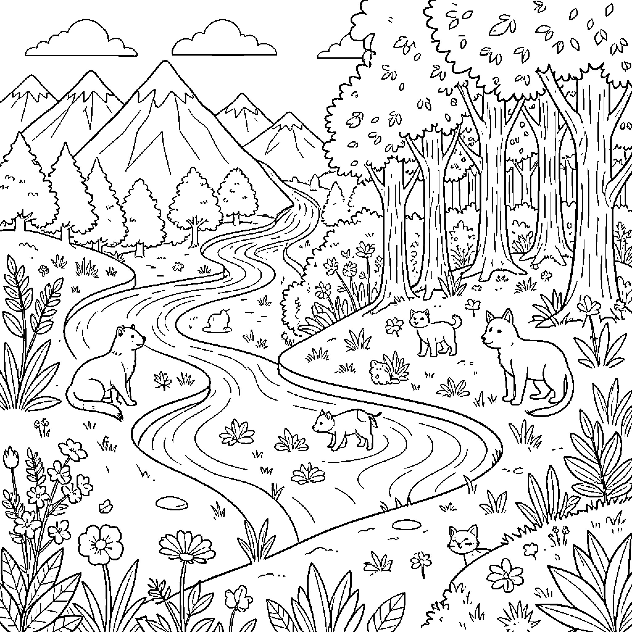 Landscape with wildlife in a forest path Coloring Page (free black-and-white line drawing printable PDF for all, from beginners to advanced learners, including children, teens, adults, and seniors)