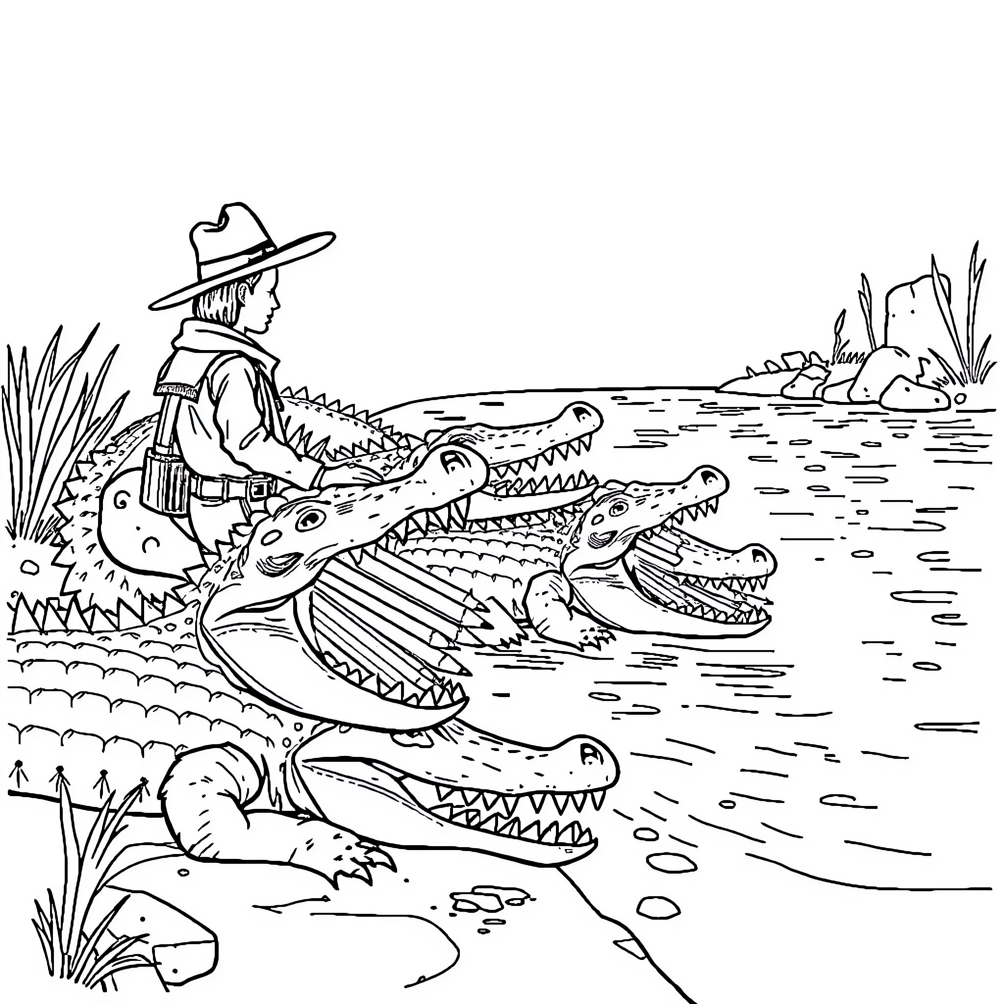 Crocodile Encounter with Adventurer in Swamp Coloring Page (free black-and-white line drawing printable PDF for all, from beginners to advanced learners, including children, teens, adults, and seniors)