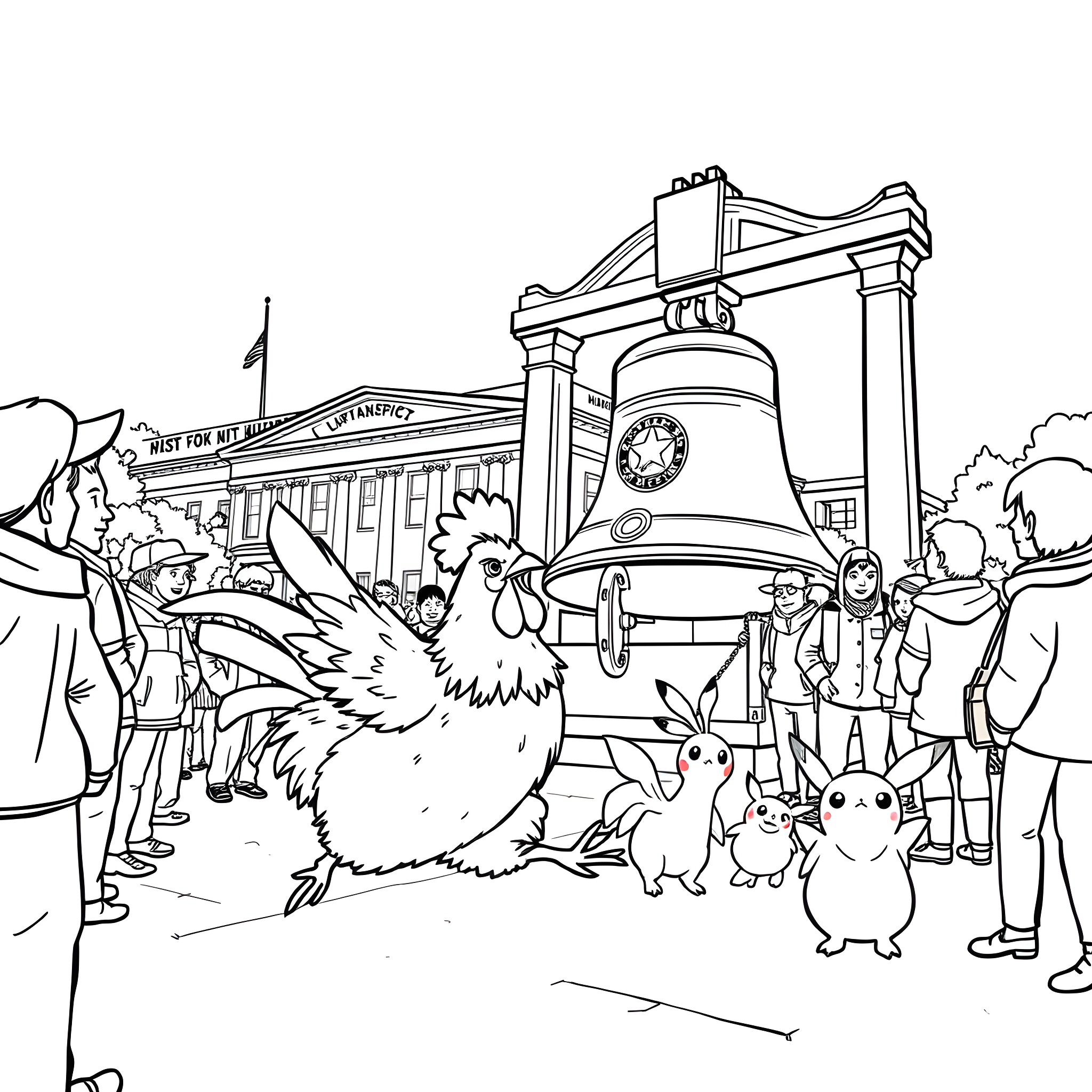 Chicken and Pokemon characters at the town square Coloring Page (free black-and-white line drawing printable PDF for all, from beginners to advanced learners, including children, teens, adults, and seniors)