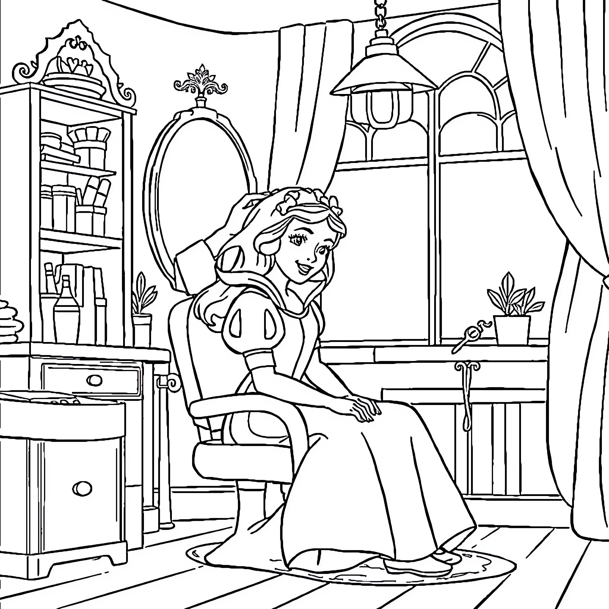 Snow White sitting in a cozy home interior Coloring Page (free black-and-white line drawing printable PDF for all, from beginners to advanced learners, including children, teens, adults, and seniors)