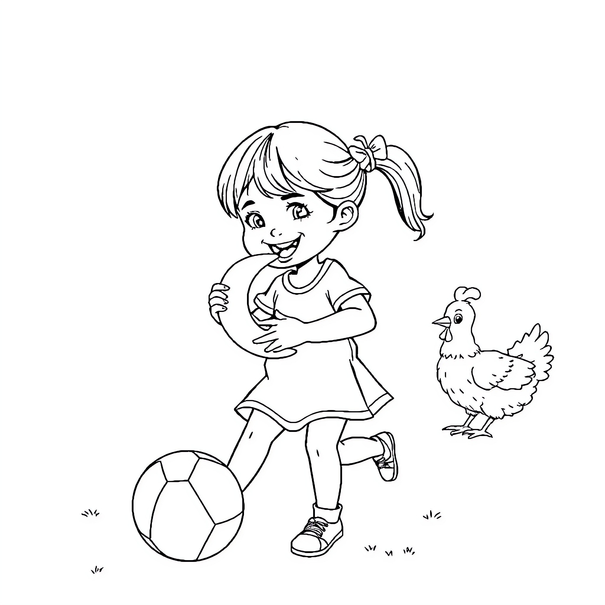 Girl playing with ball and chicken in the yard Coloring Page (free black-and-white line drawing printable PDF for all, from beginners to advanced learners, including children, teens, adults, and seniors)