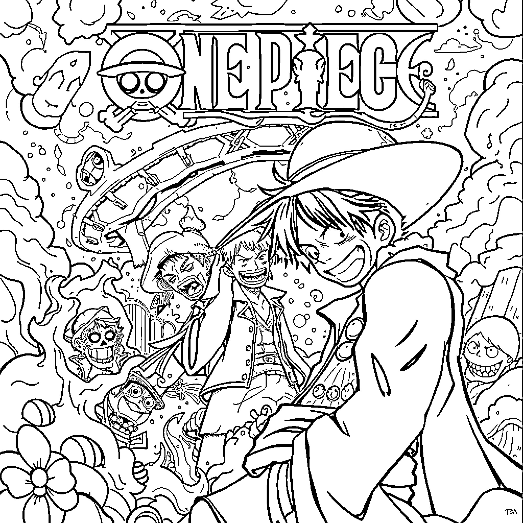 One Piece: Straw Hat Crew's Animated Adventures Coloring Page (free black-and-white line drawing printable PDF for all, from beginners to advanced learners, including children, teens, adults, and seniors)