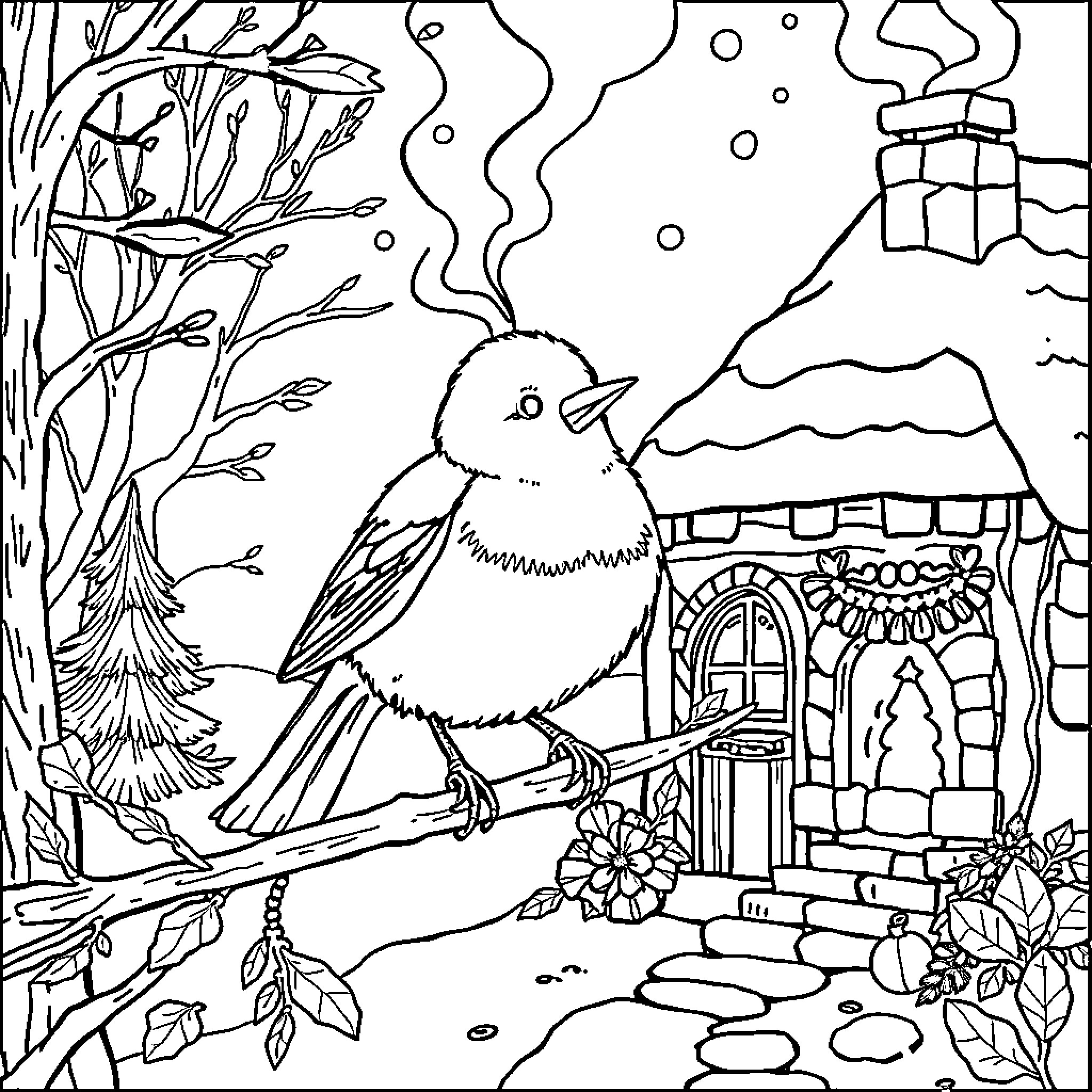 Robin in a Snowy Winter Wonderland Coloring Page (free black-and-white line drawing printable PDF for all, from beginners to advanced learners, including children, teens, adults, and seniors)